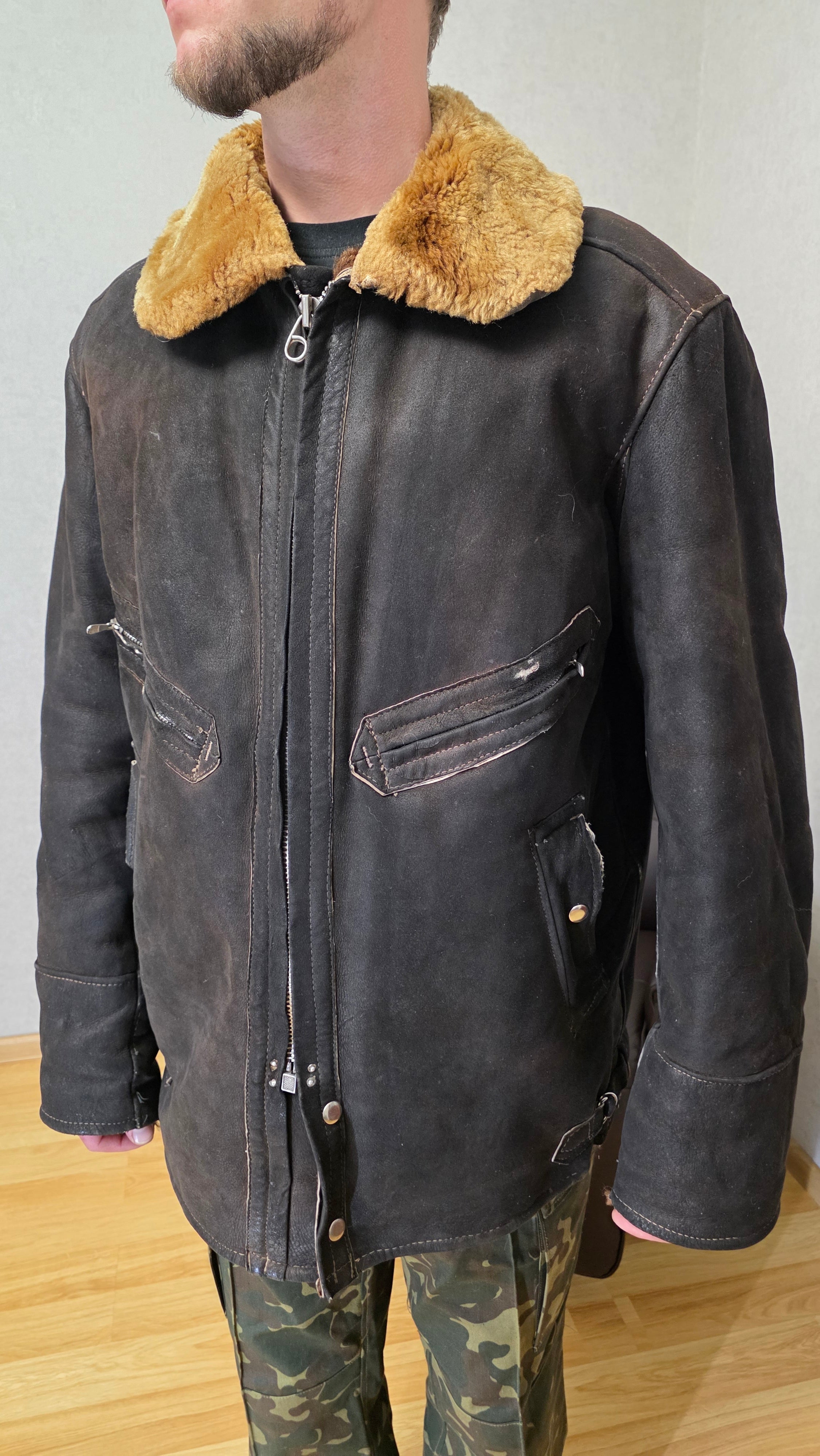 Soviet USSR Air Force Sheepskin Flight Jacket Winter Pilot Coat Vintage