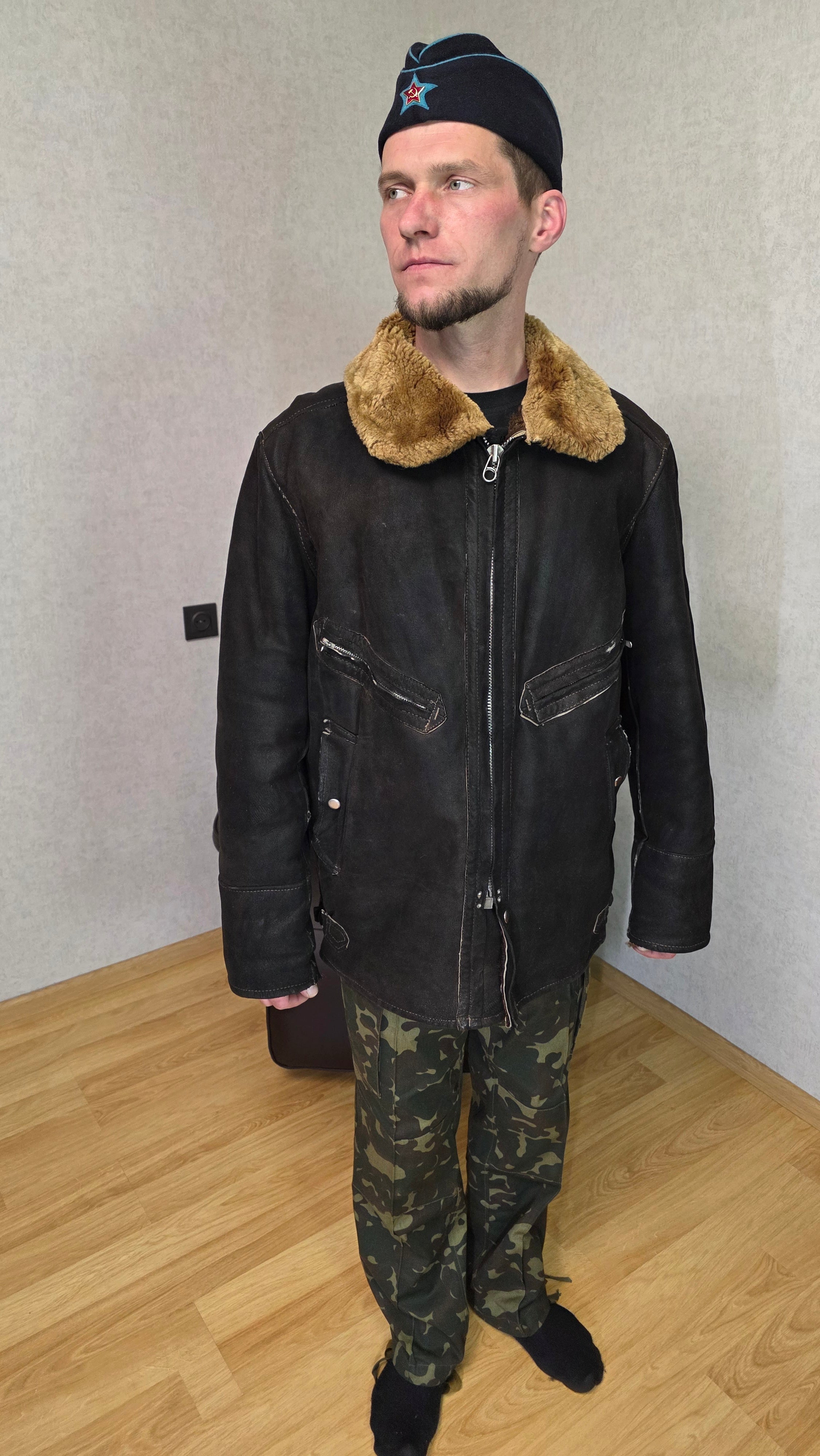 Soviet USSR Air Force Sheepskin Flight Jacket Winter Pilot Coat Vintage