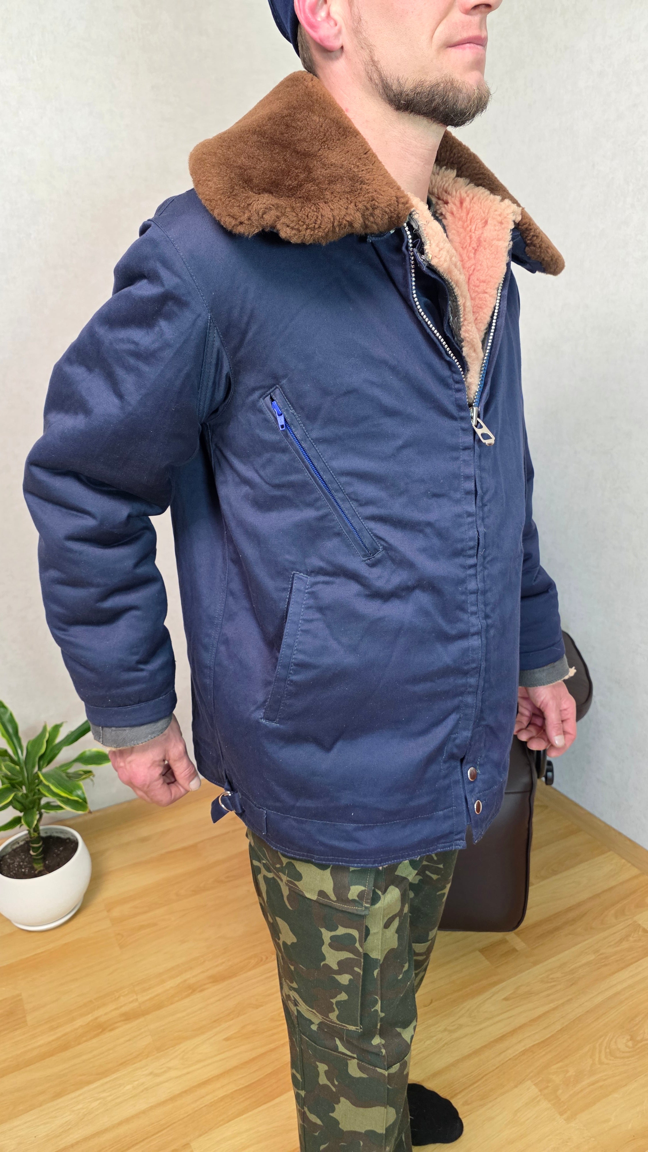 Soviet USSR Air Force Sheepskin Jacket Blue Winter Coat Vintage