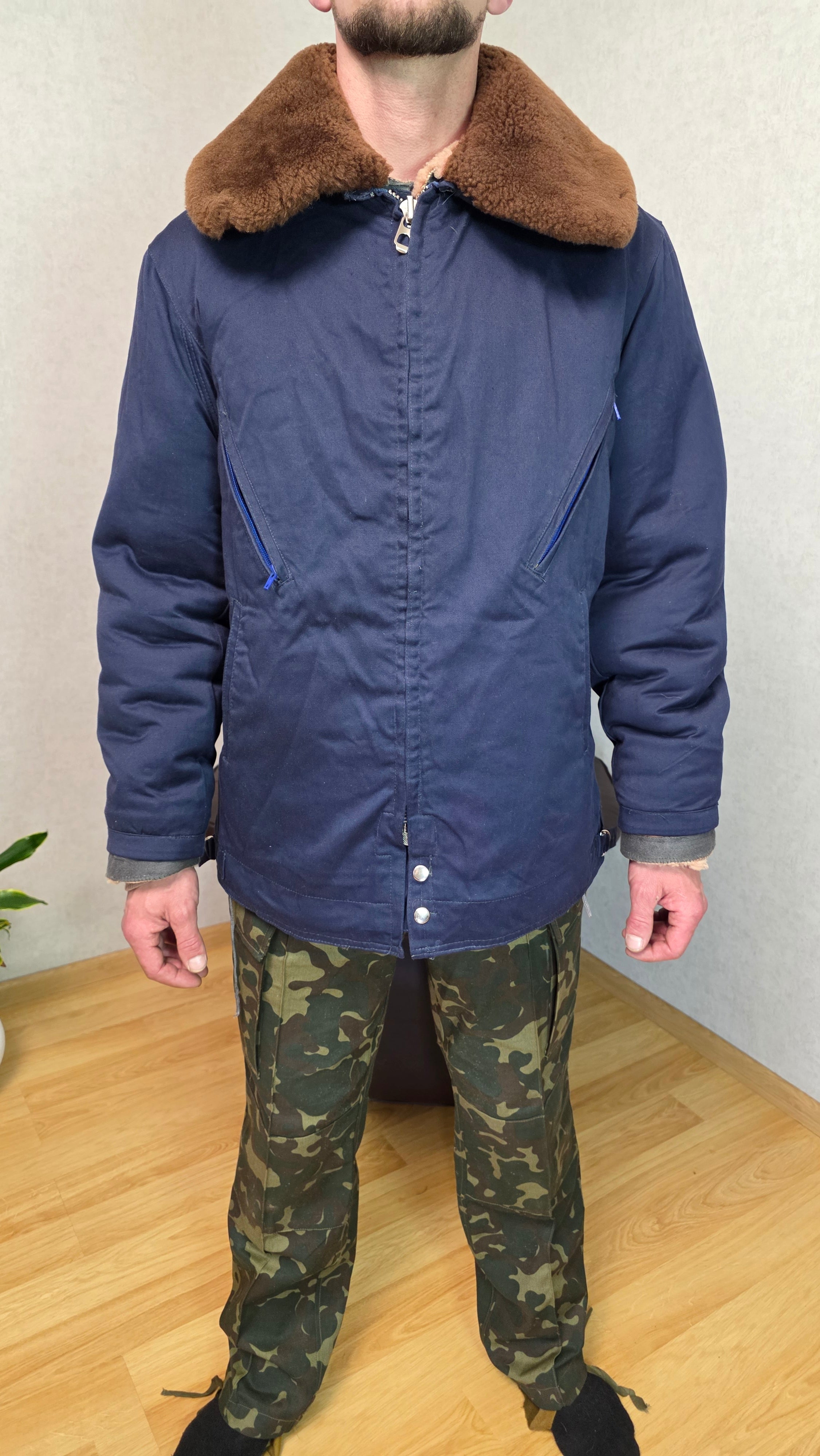 Soviet USSR Air Force Sheepskin Jacket Blue Winter Coat Vintage