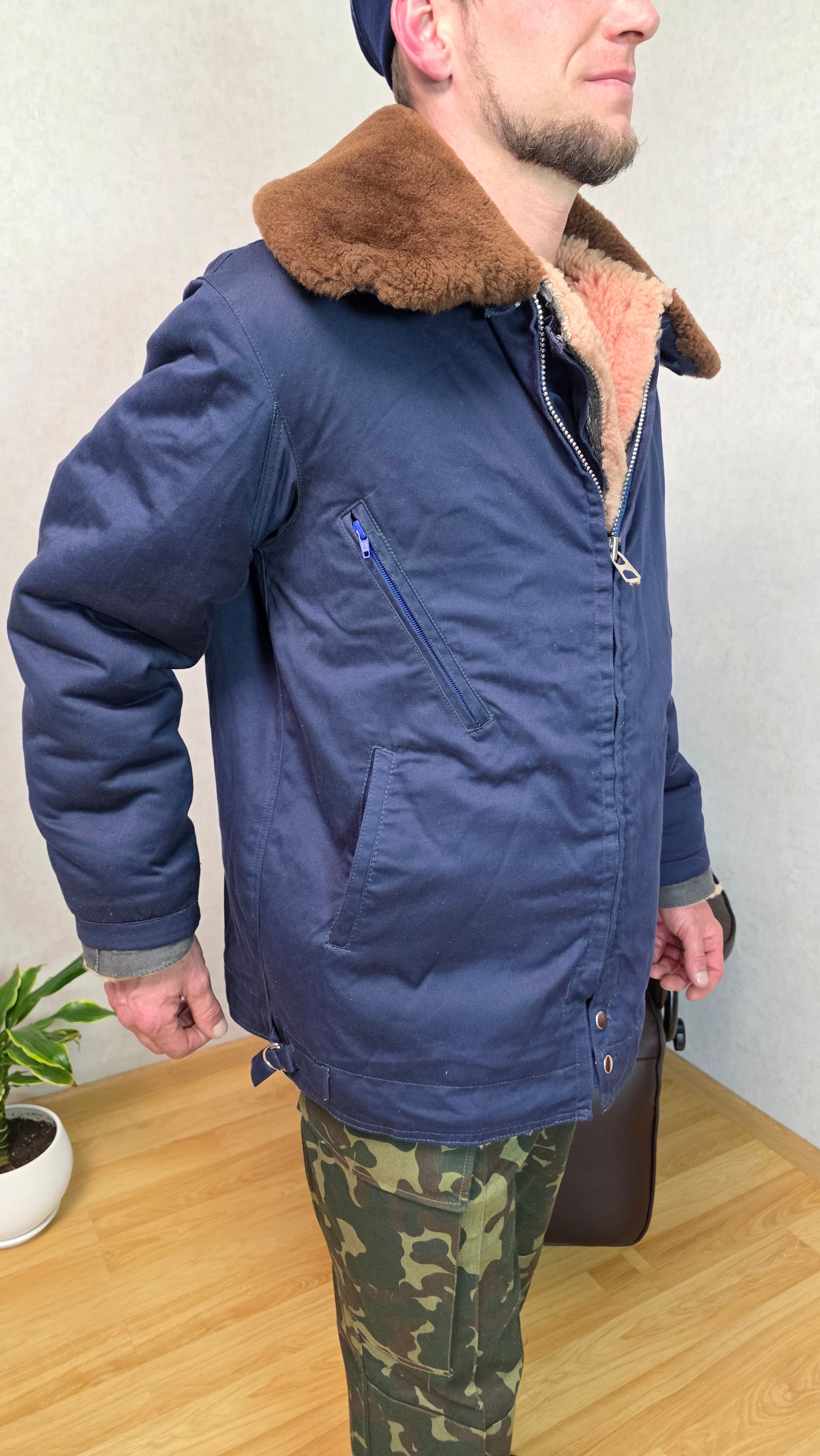 Soviet USSR Air Force Sheepskin Lined Flight Jacket Winter Pilot Coat Vintage