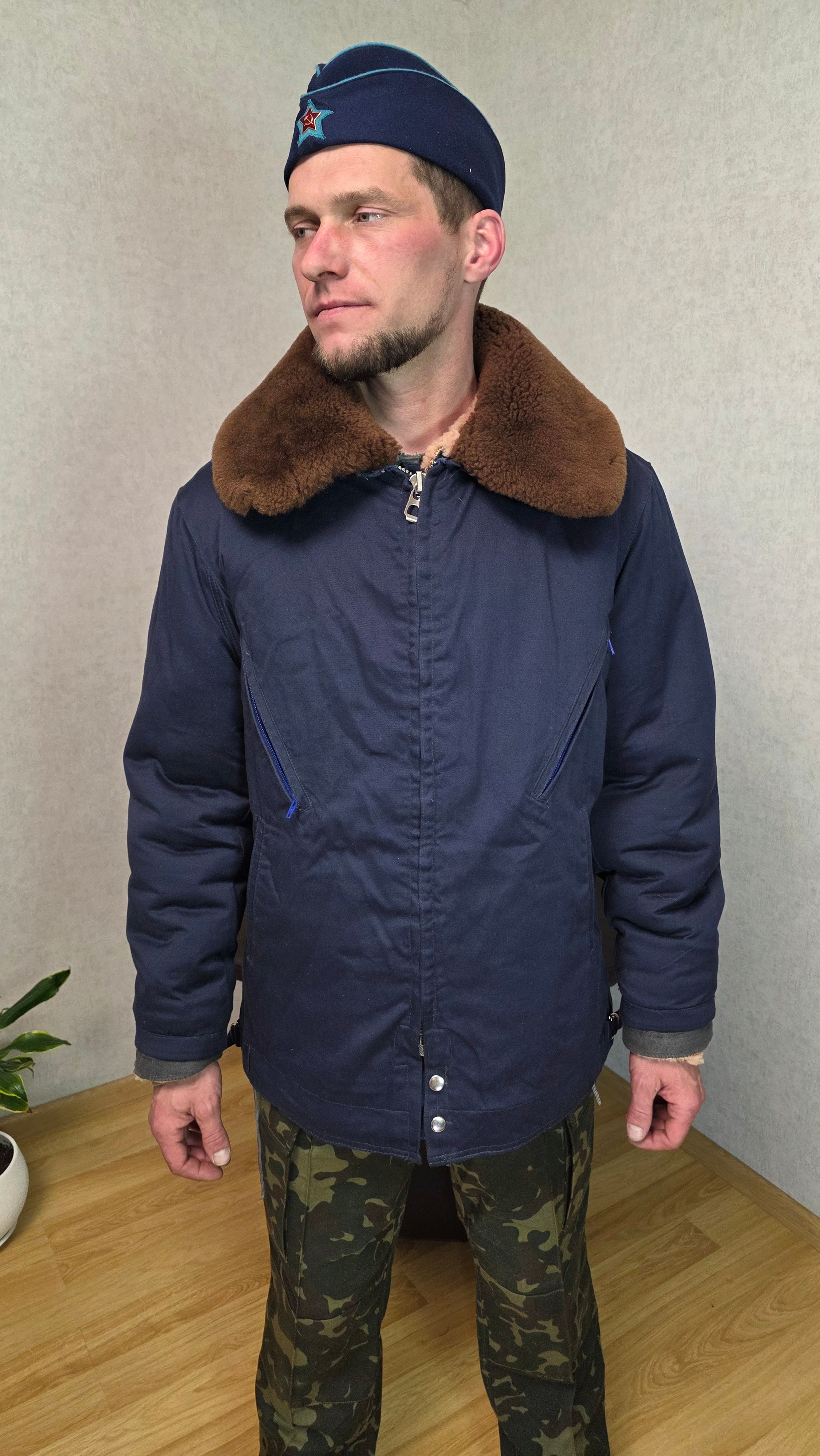 Soviet USSR Air Force Sheepskin Lined Flight Jacket Winter Pilot Coat Vintage