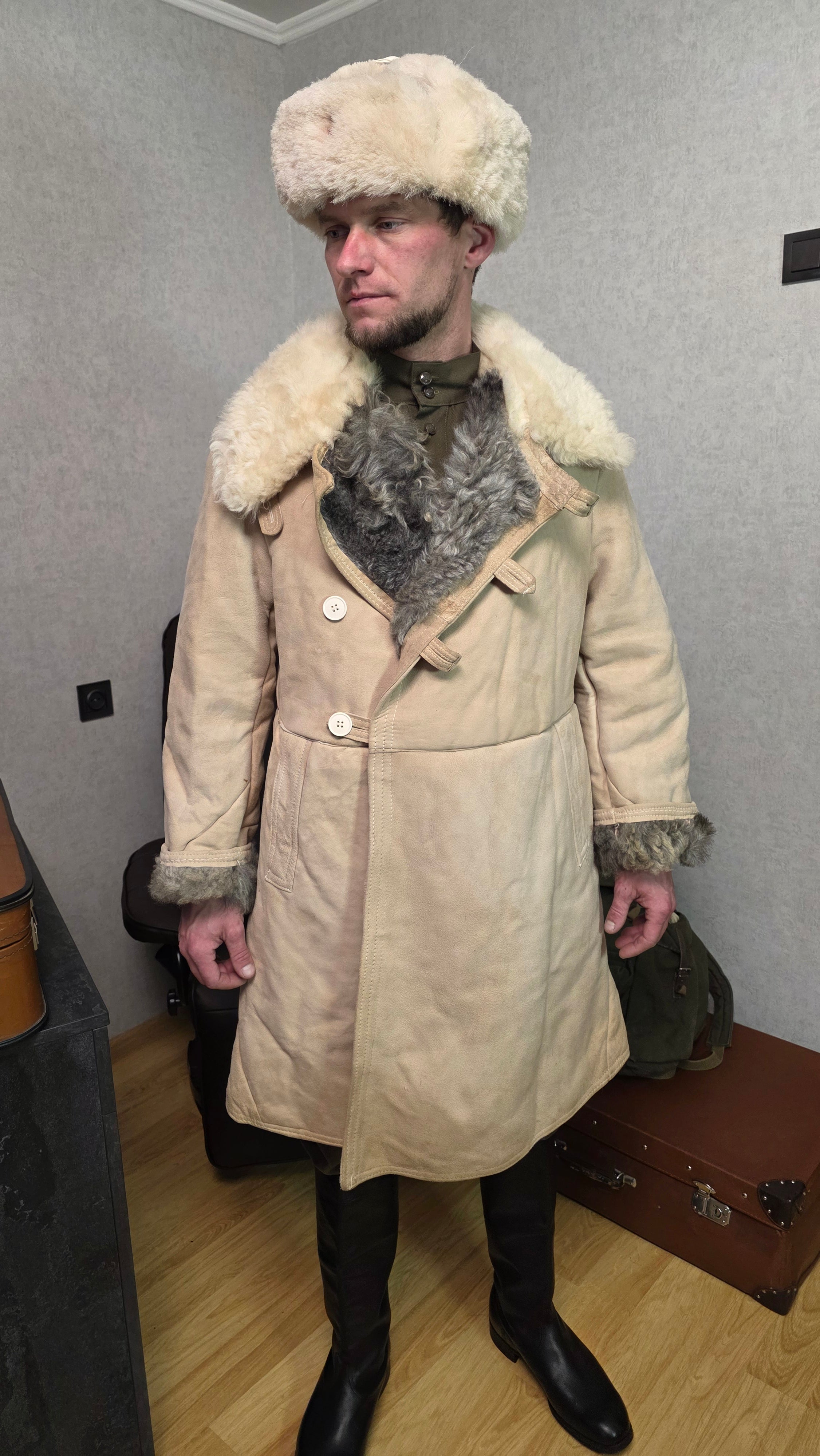 Soviet USSR Bekesha Sheepskin Coat Vintage Winter Officer Coat