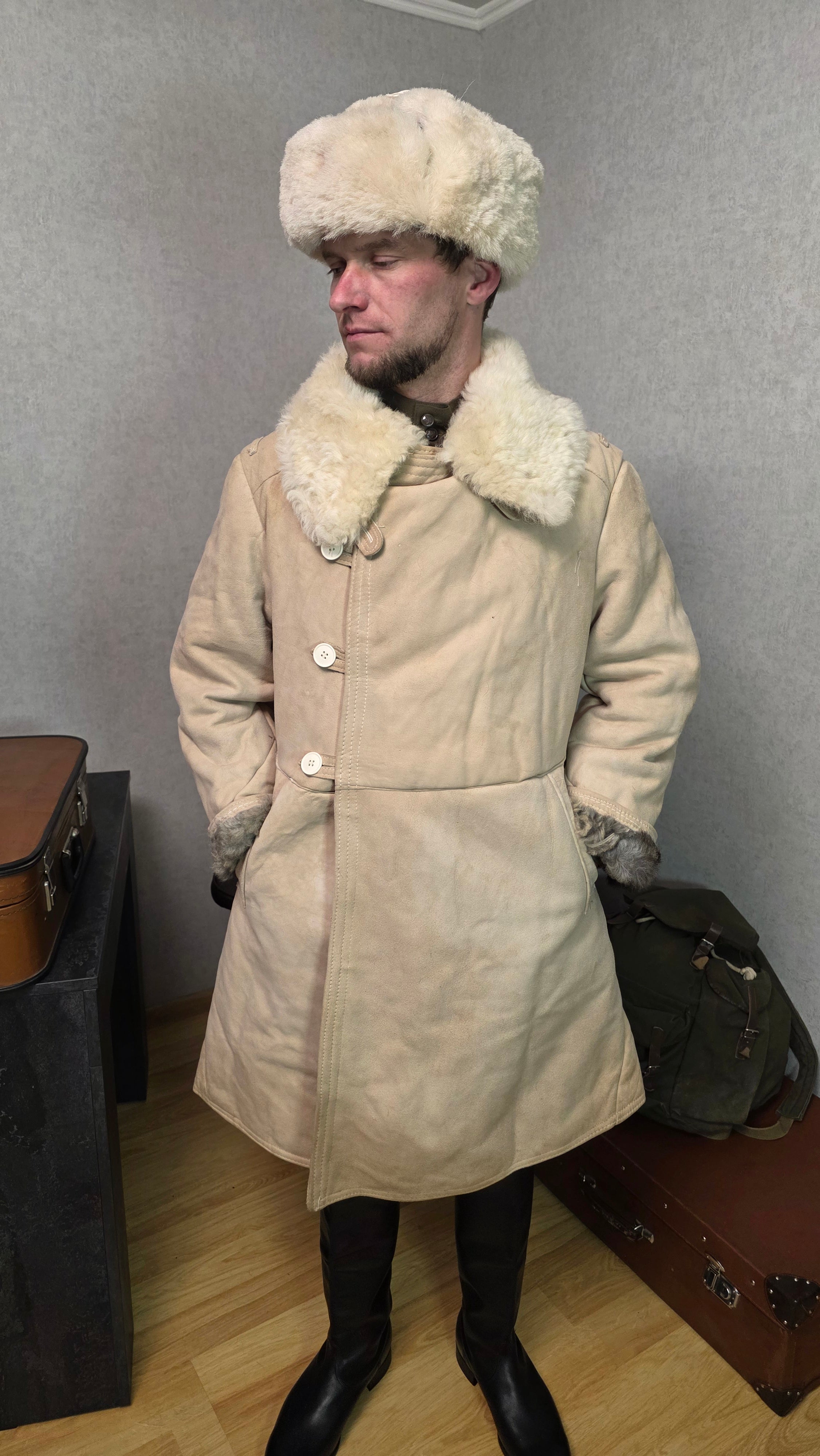 Soviet USSR Bekesha Sheepskin Coat Vintage Winter Officer Coat