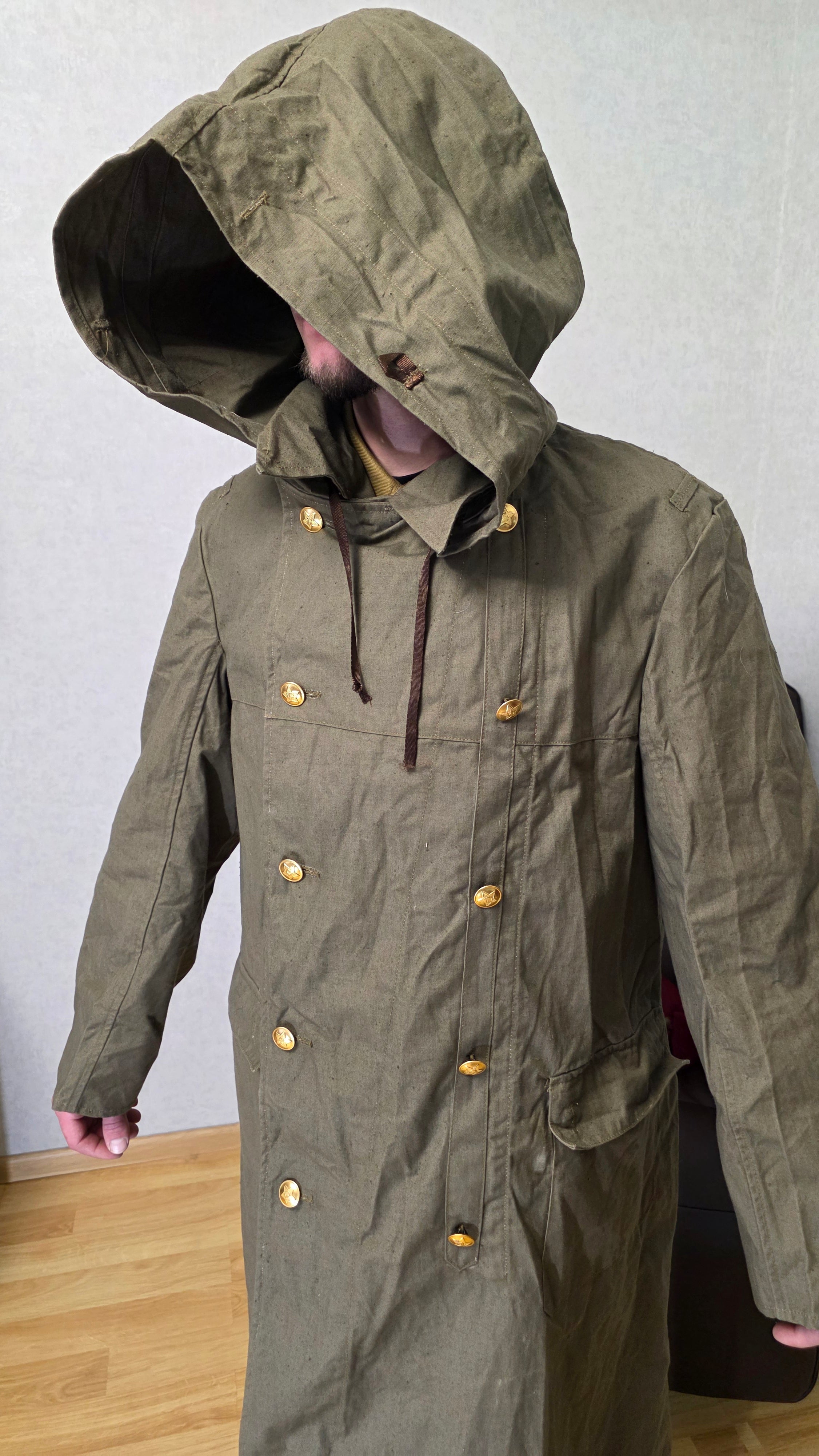Soviet USSR Guard Raincoat Hooded Canvas Coat Vintage 1960s