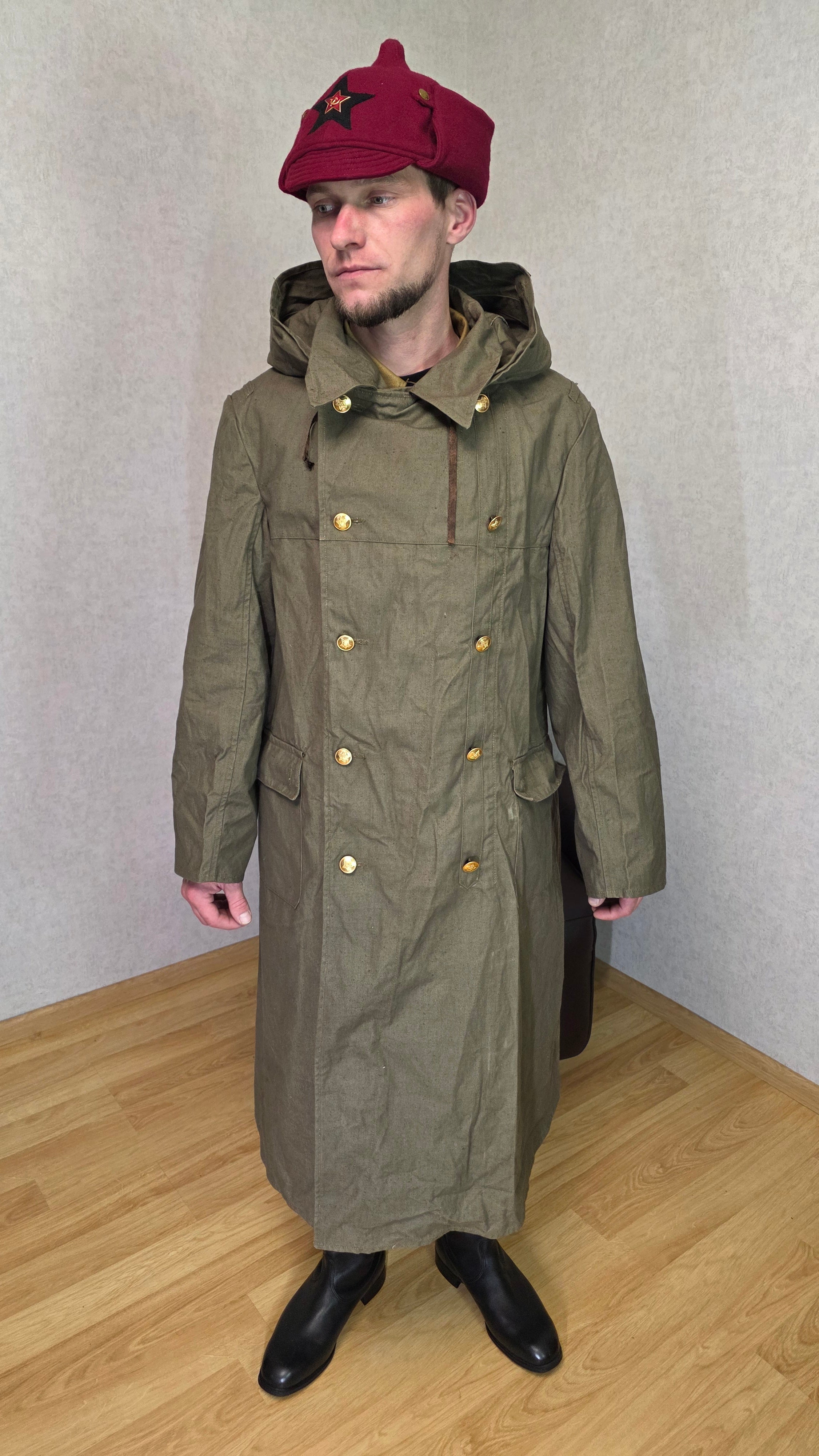 Soviet USSR Guard Raincoat Hooded Canvas Coat Vintage 1960s