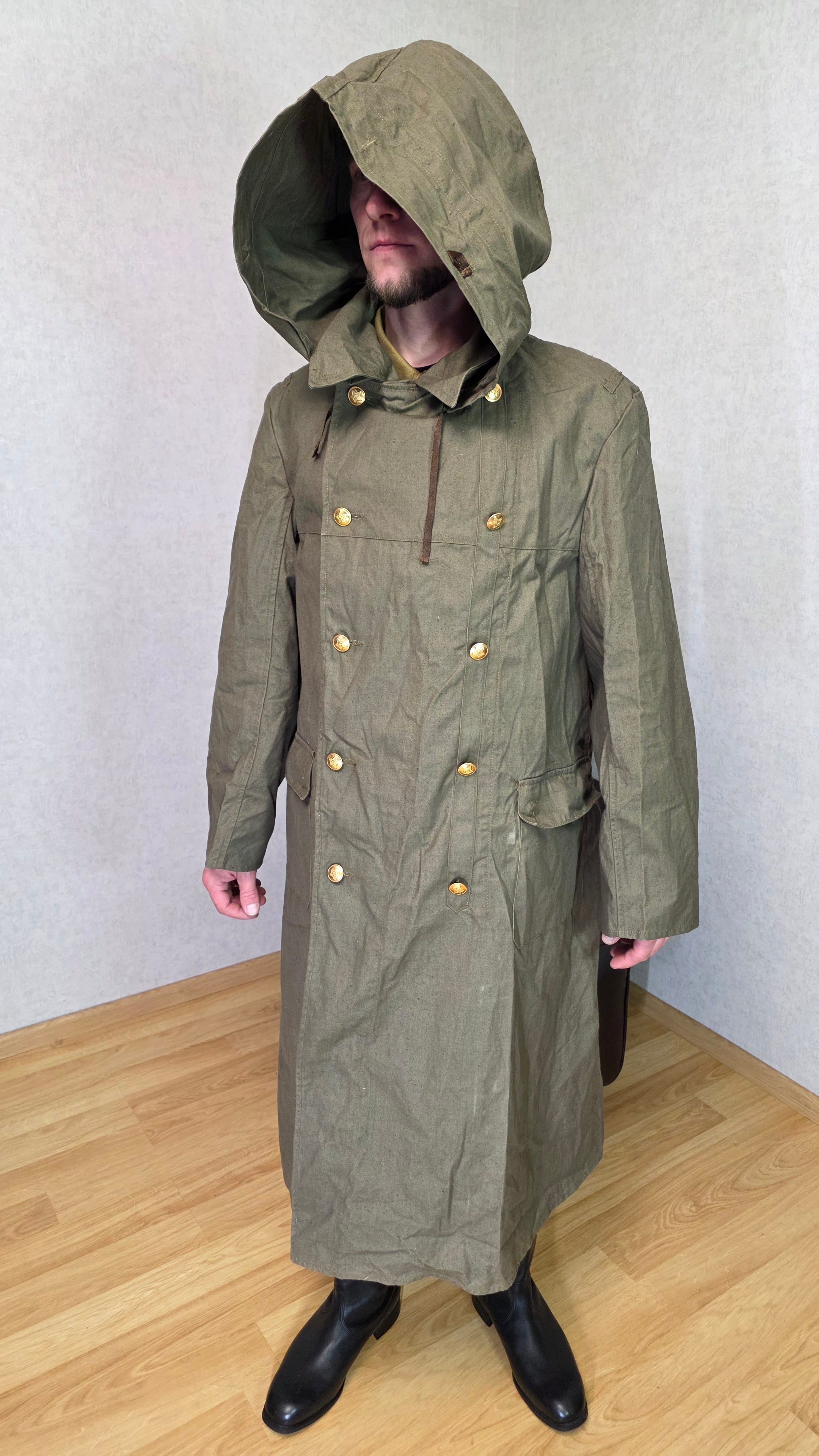 Soviet USSR Guard Raincoat Hooded Canvas Coat Vintage 1960s
