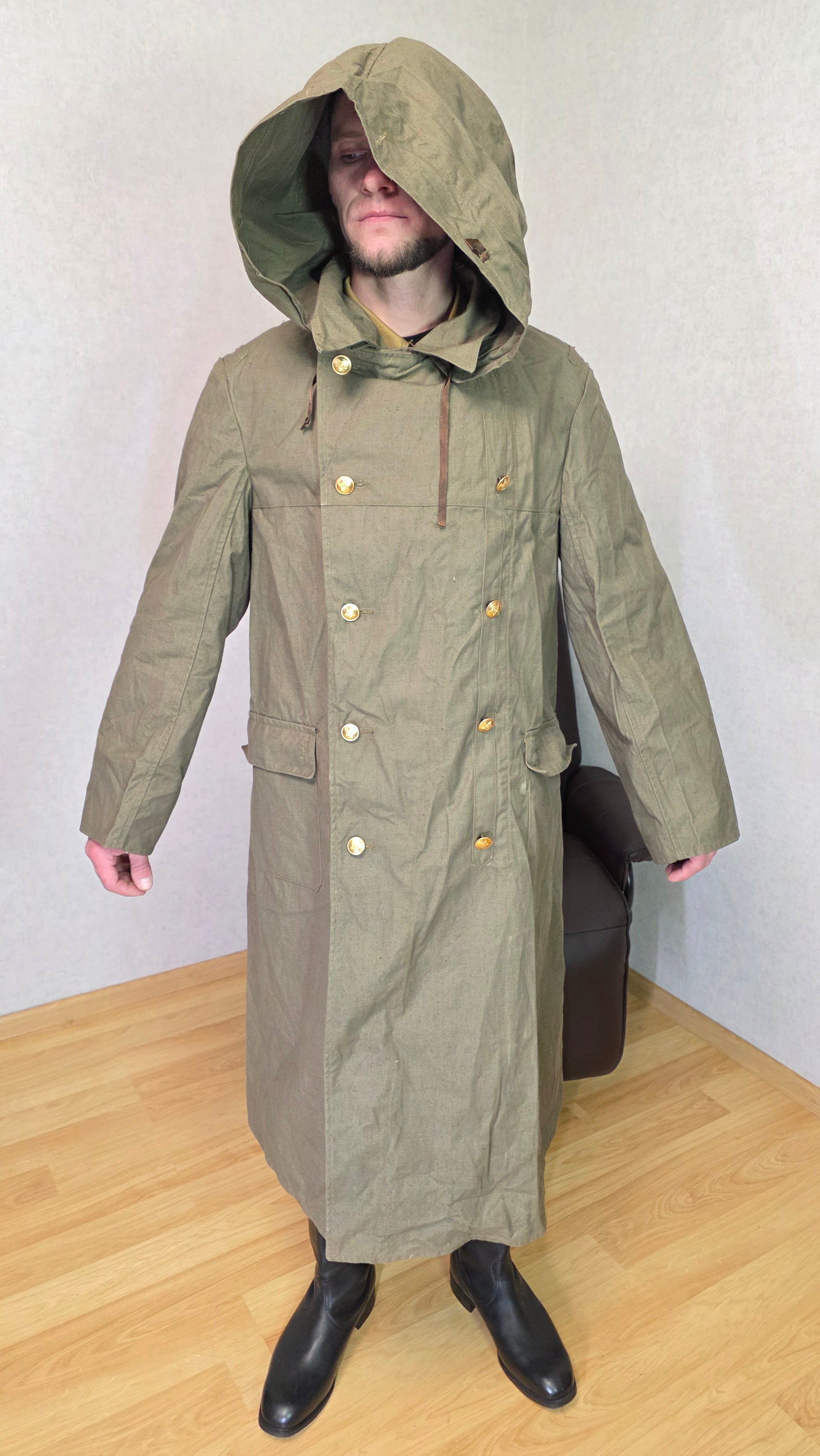 Soviet USSR Guard Raincoat Hooded Canvas Coat Vintage 1960s