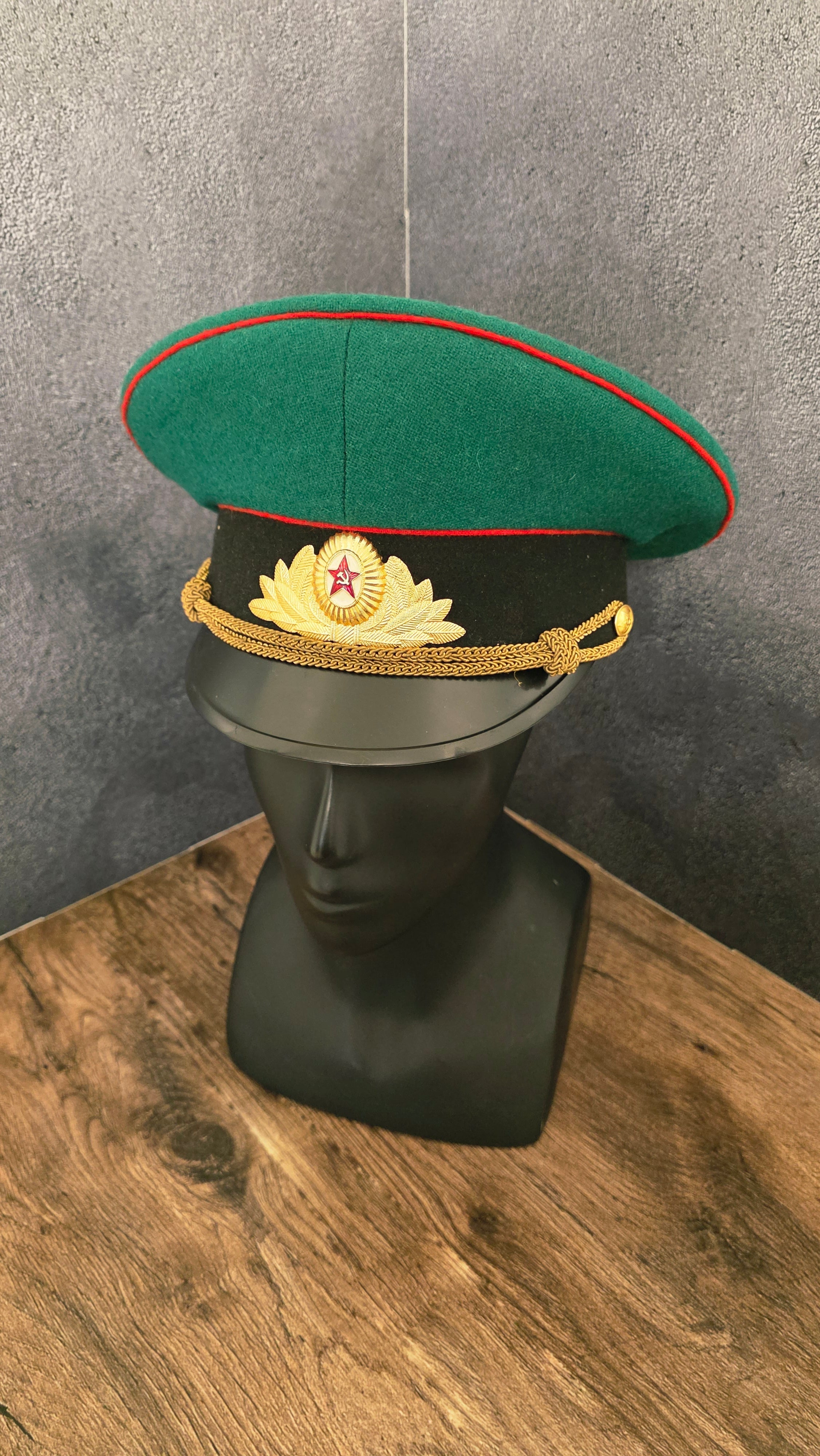 Soviet USSR KGB Border Guard Officer Parade Visor Cap Green Crown Red Piping