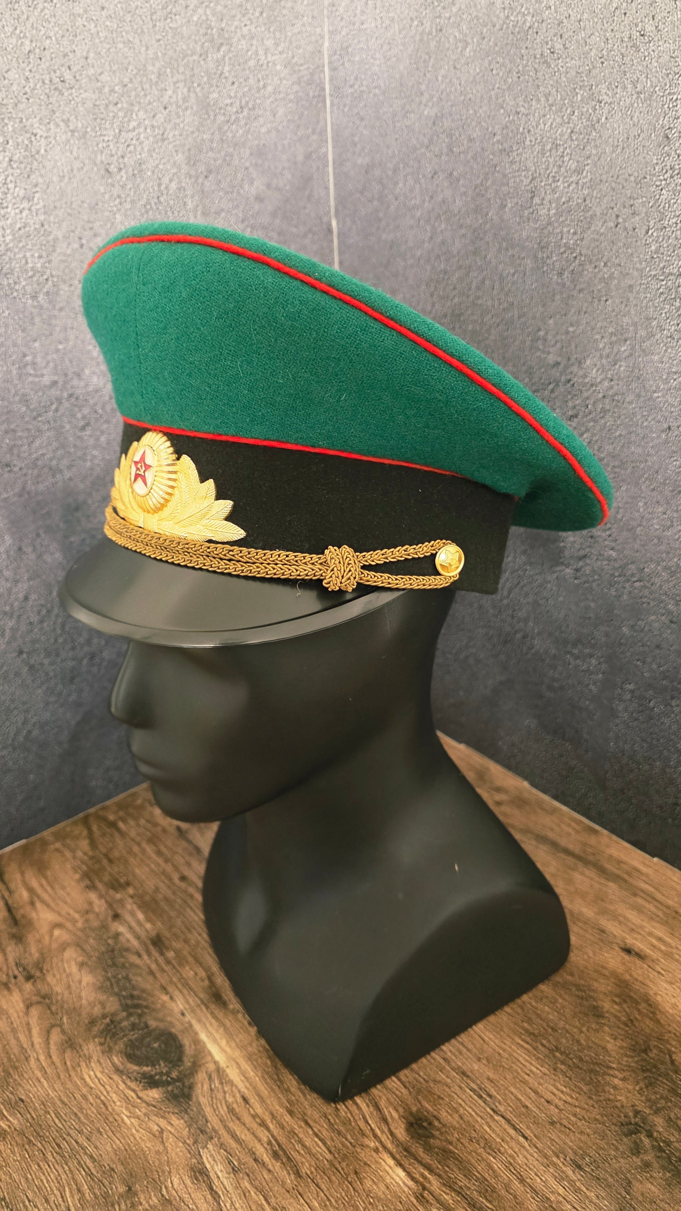 Soviet USSR KGB Border Guard Officer Parade Visor Cap Green Crown Red Piping