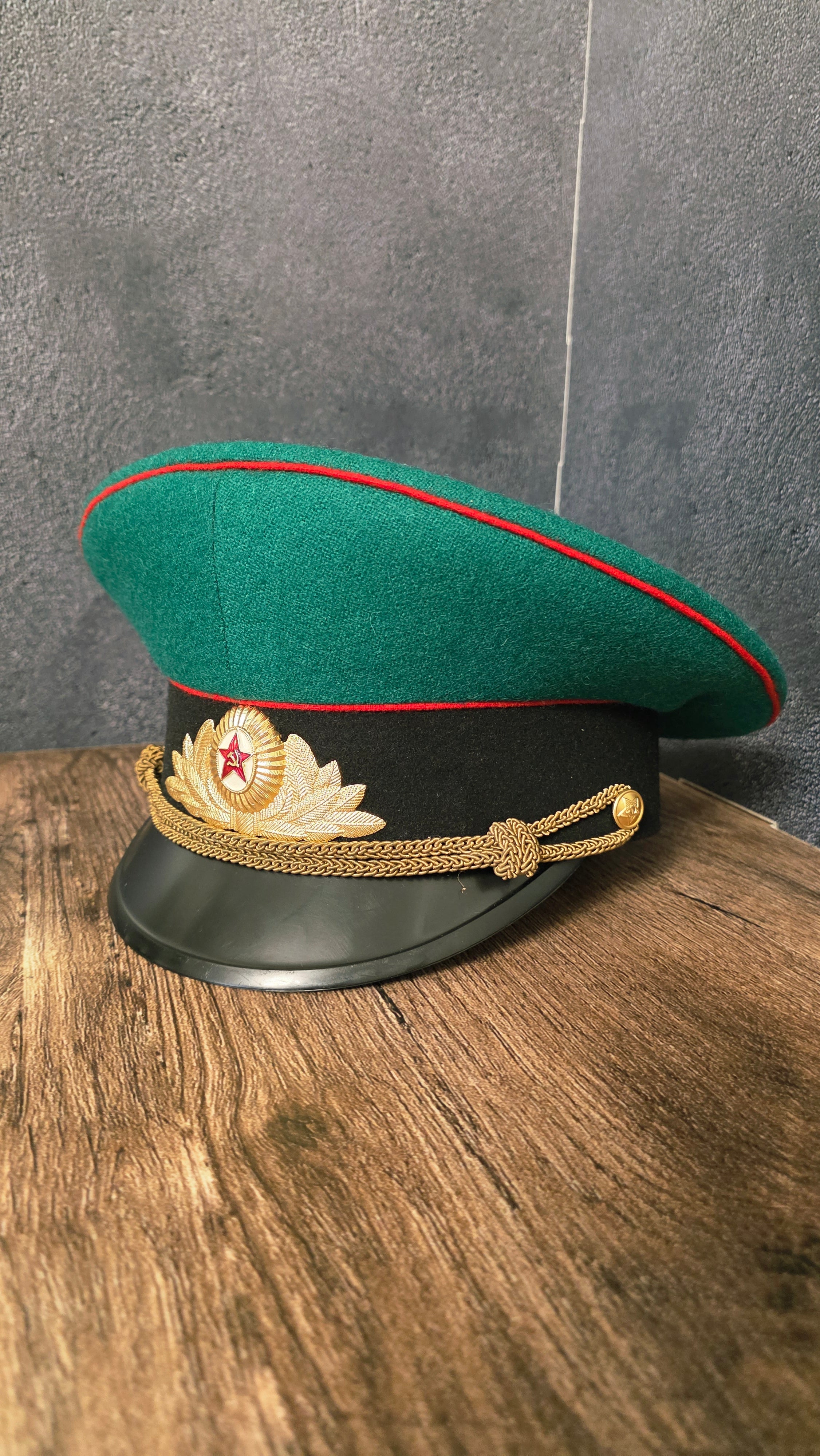 Soviet USSR KGB Border Guard Officer Parade Visor Cap Green Crown Red Piping