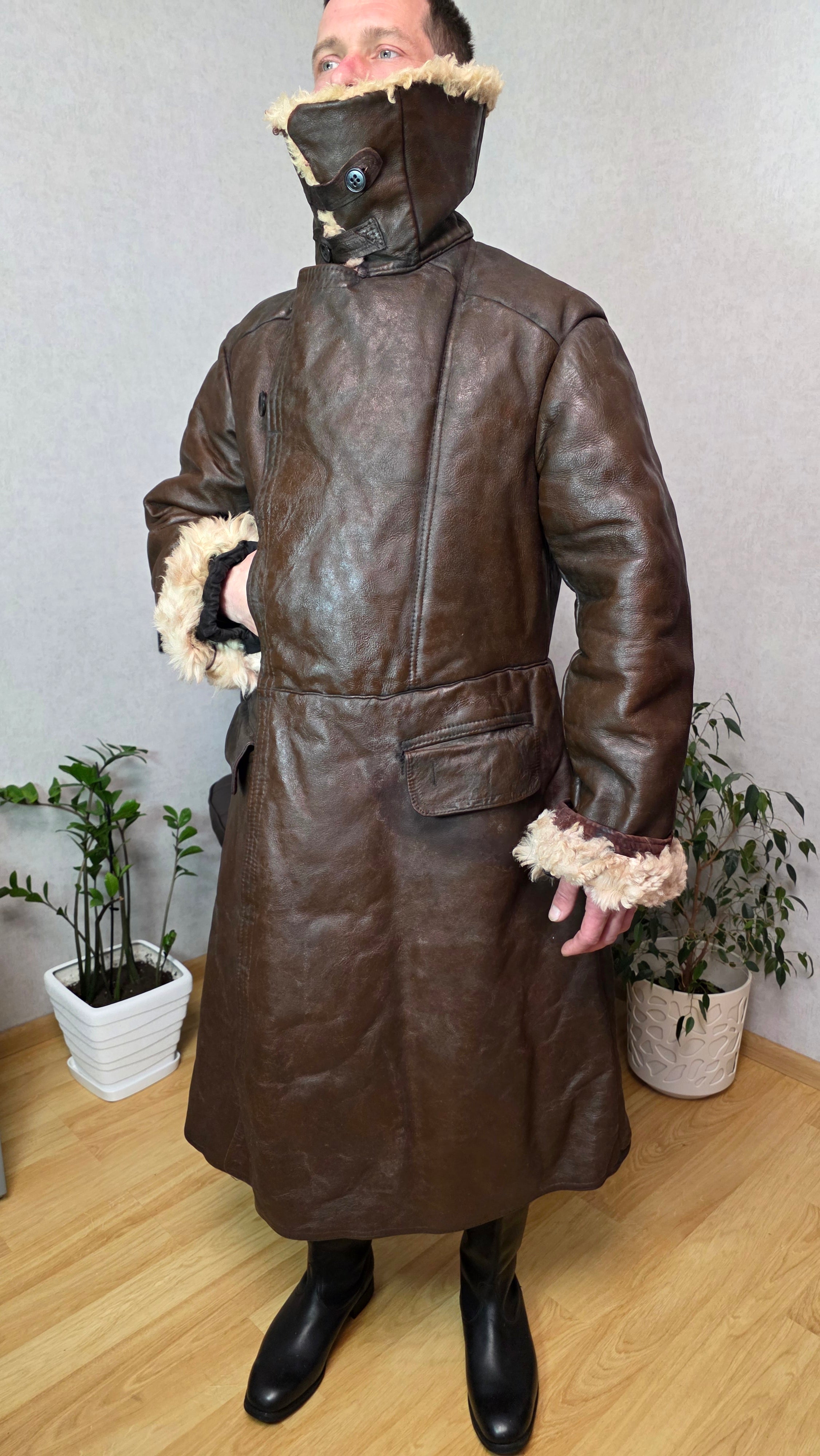 Soviet USSR Naval Sheepskin Coat Brown Bekesha Vintage Officer Winter Coat Rare