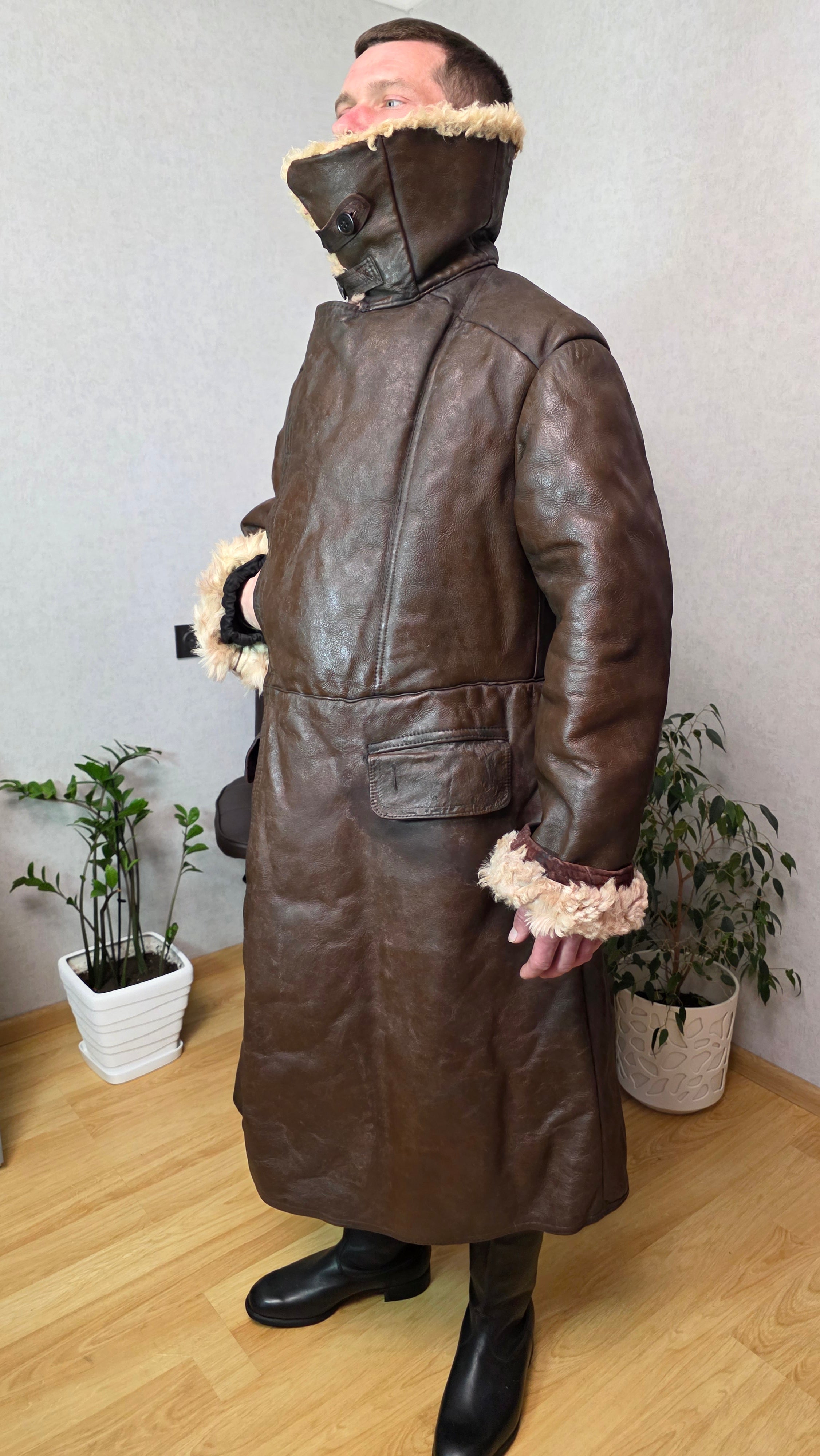 Soviet USSR Naval Sheepskin Coat Brown Bekesha Vintage Officer Winter Coat Rare
