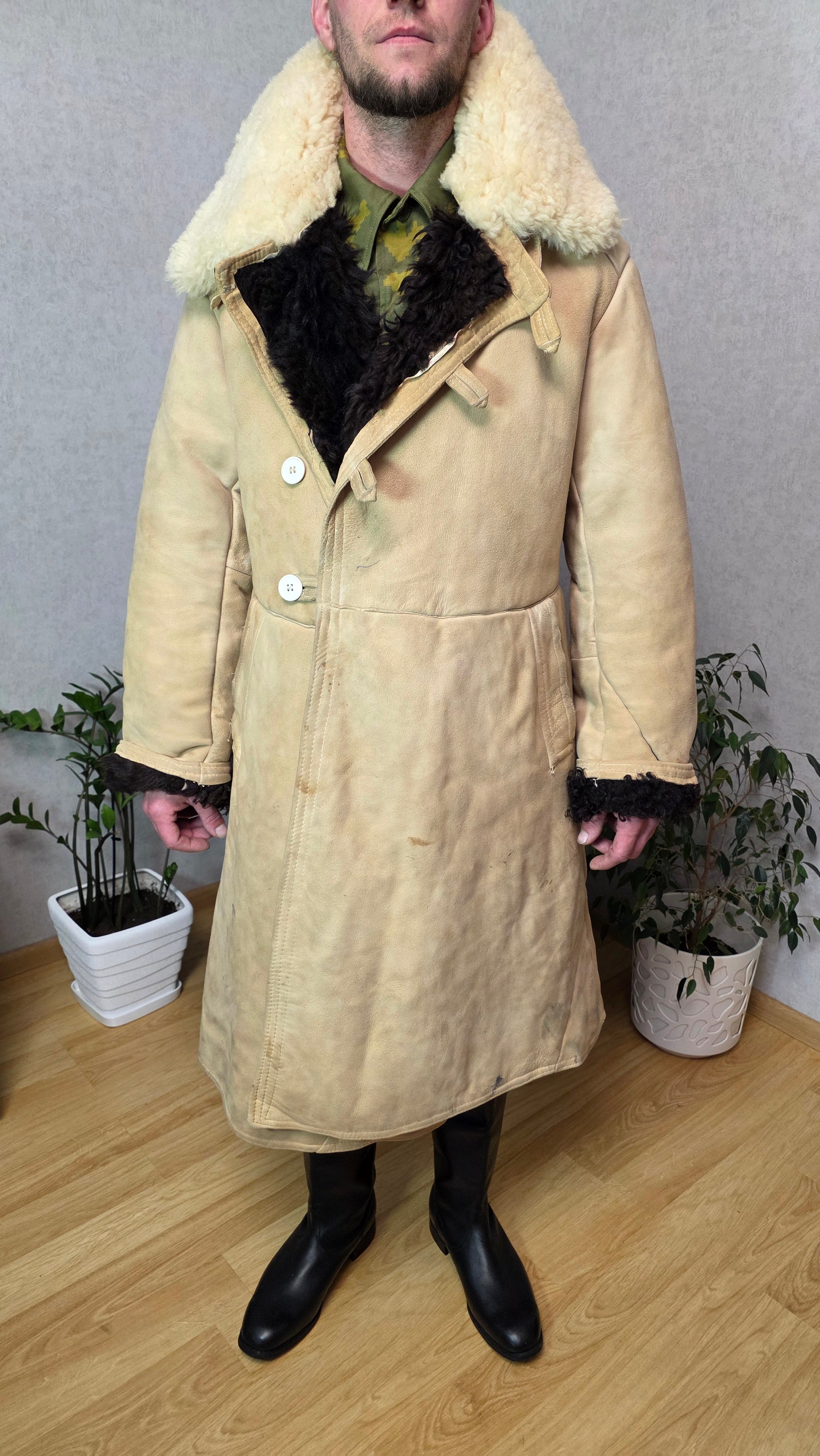 Soviet USSR Officer Sheepskin Coat Bekesha Vintage Winter Shearling Jacket Rare