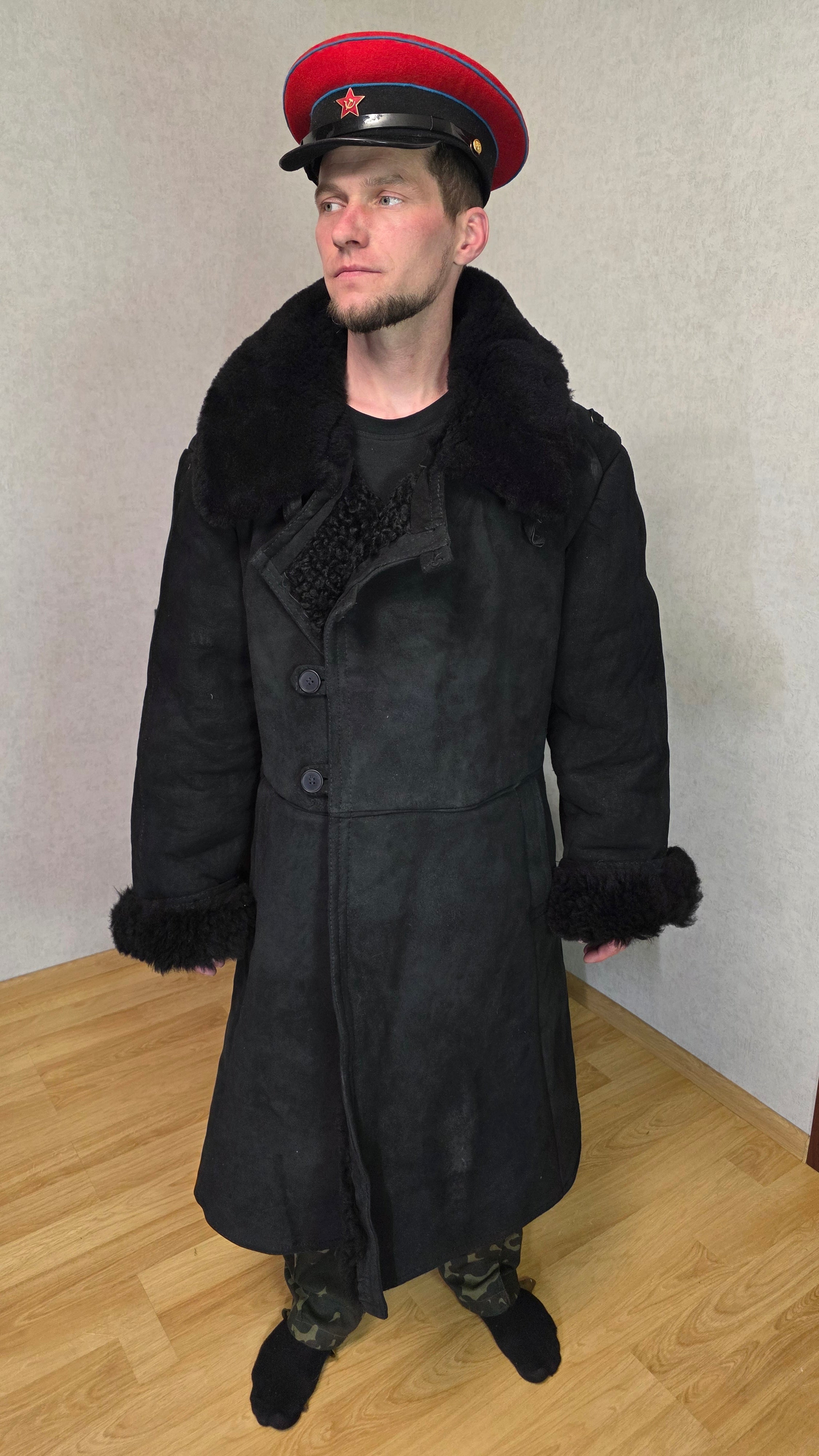 Soviet USSR Officer Sheepskin Coat Black Tulup Vintage High Rank Winter Coat