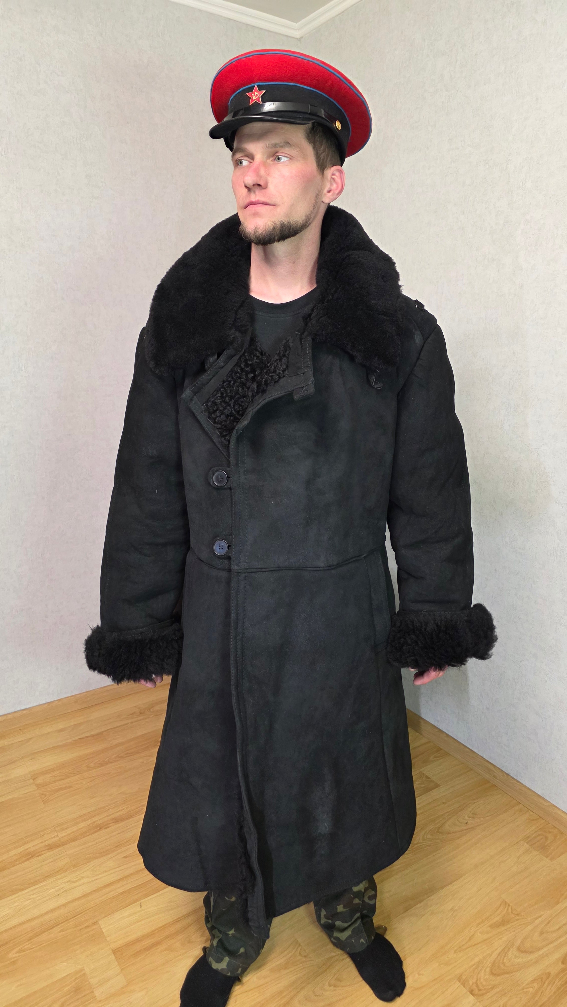 Soviet USSR Officer Sheepskin Coat Black Tulup Vintage High Rank Winter Coat