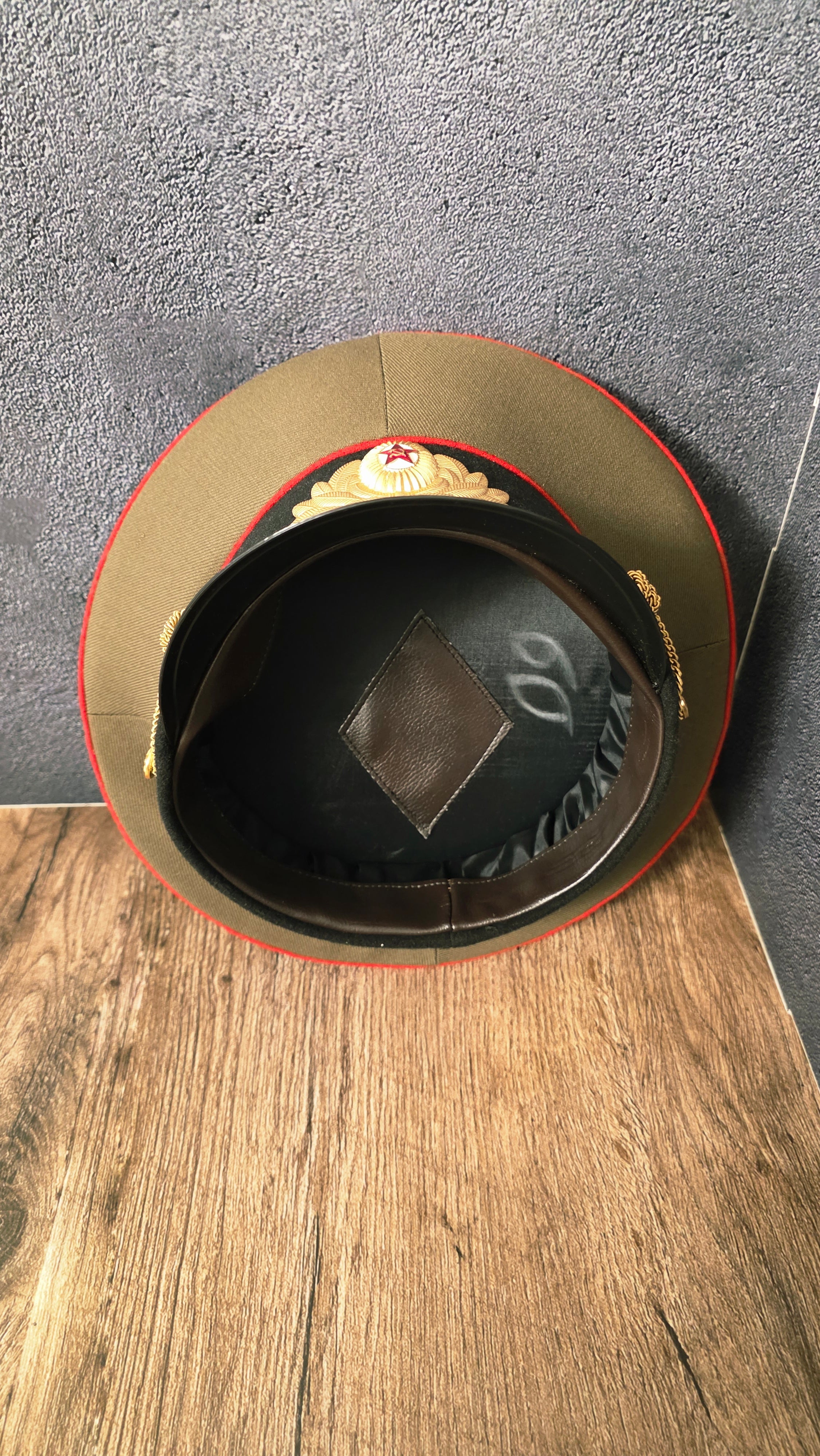 Soviet USSR Officer Visor Cap Olive Crown Black Band Red Piping Dress Cap