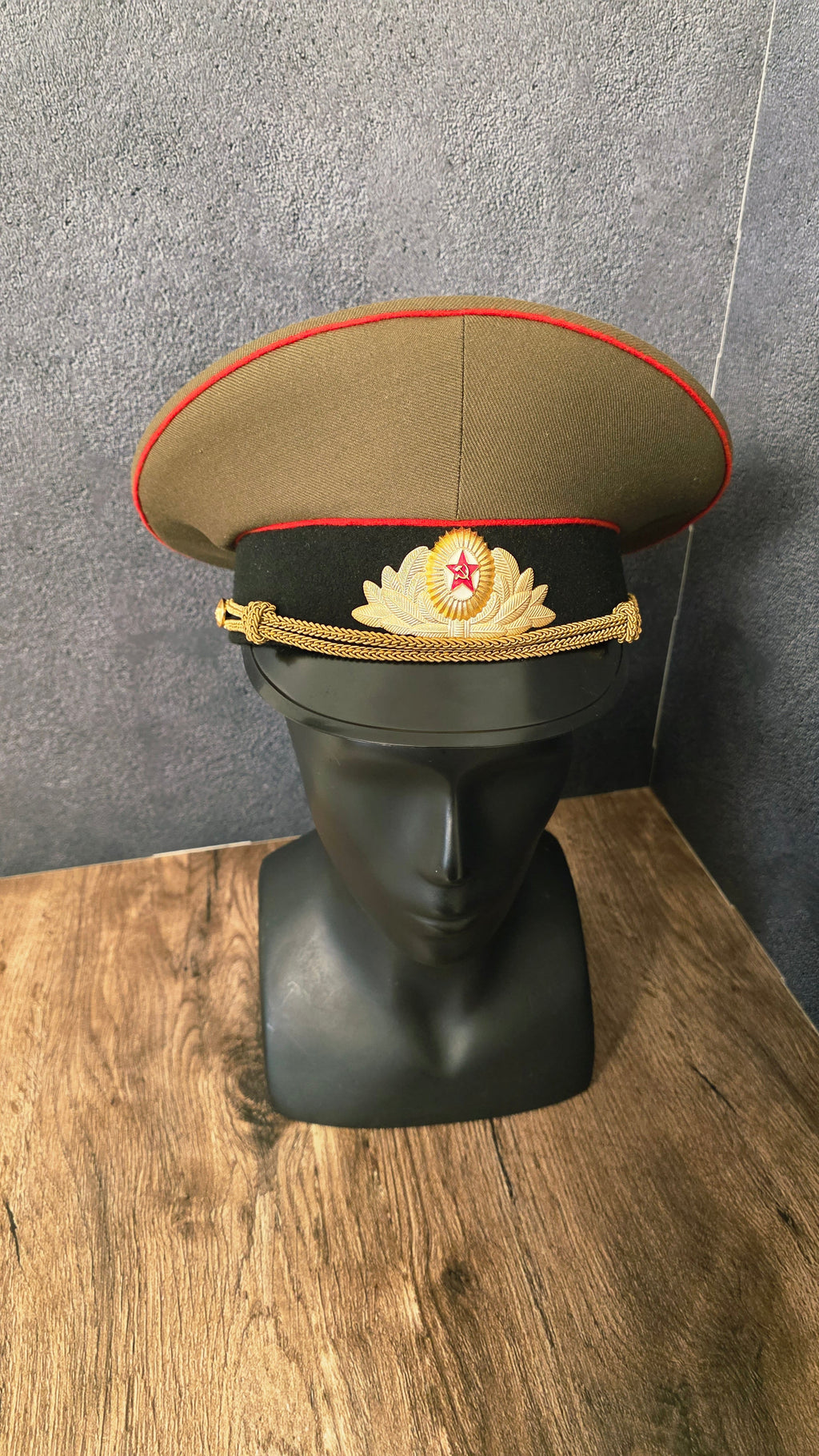 Soviet USSR Officer Visor Cap Olive Crown Black Band Red Piping Dress Cap