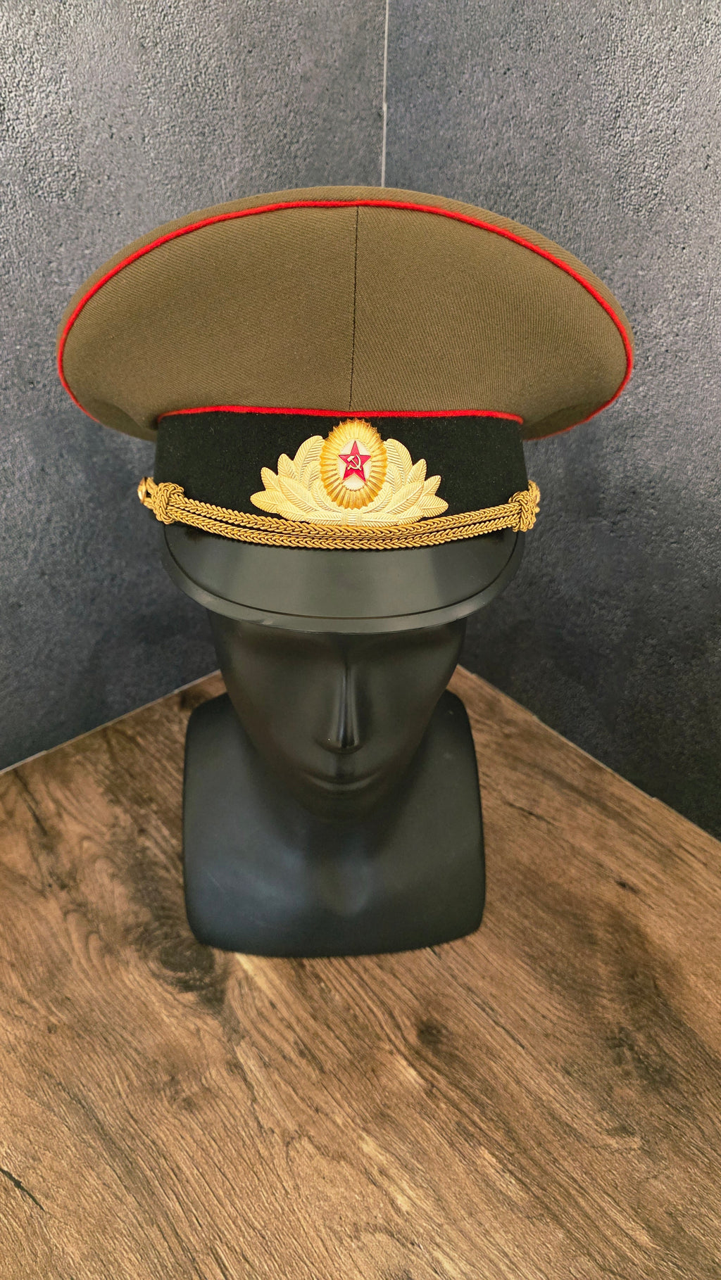 Soviet USSR Officer Visor Cap Olive Crown Black Band Red Piping Dress Cap