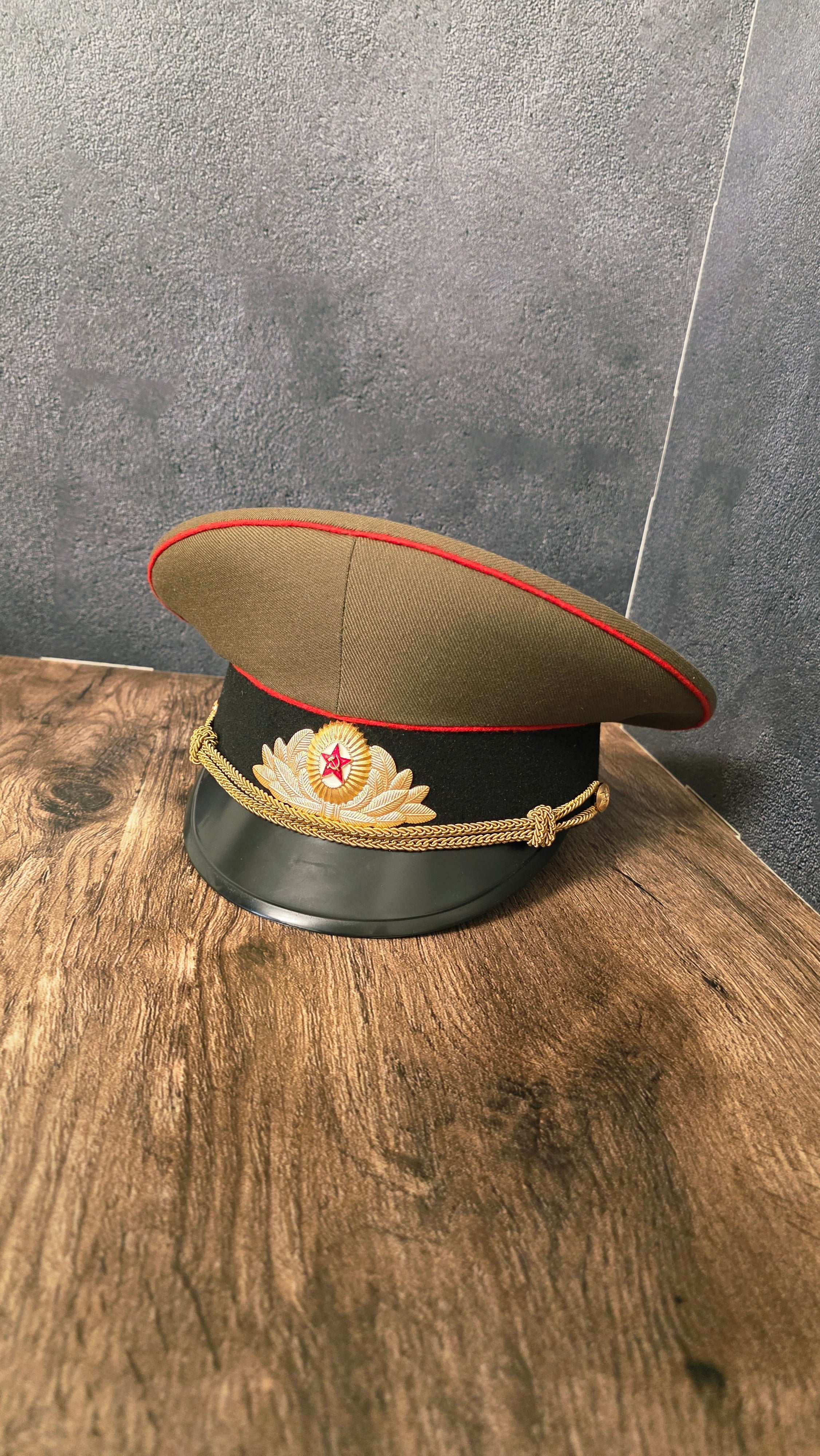 Soviet USSR Officer Visor Cap Olive Crown Black Band Red Piping Dress Cap