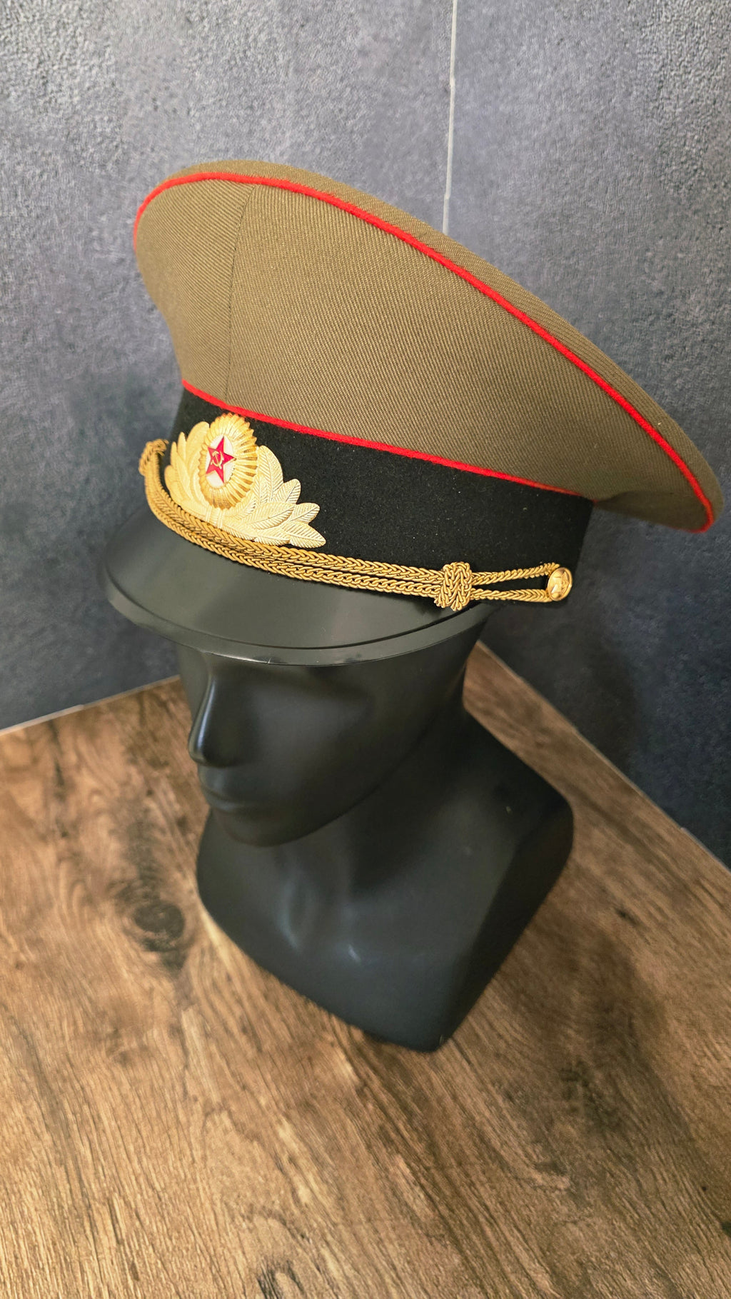 Soviet USSR Officer Visor Cap Olive Crown Black Band Red Piping Dress Cap