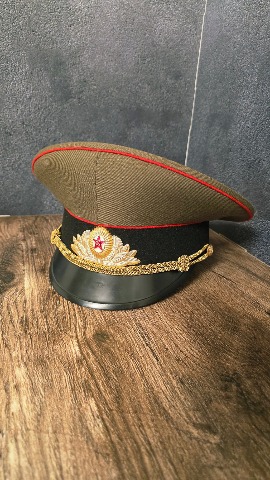 Soviet USSR Officer Visor Cap Olive Crown Black Band Red Piping Dress Cap