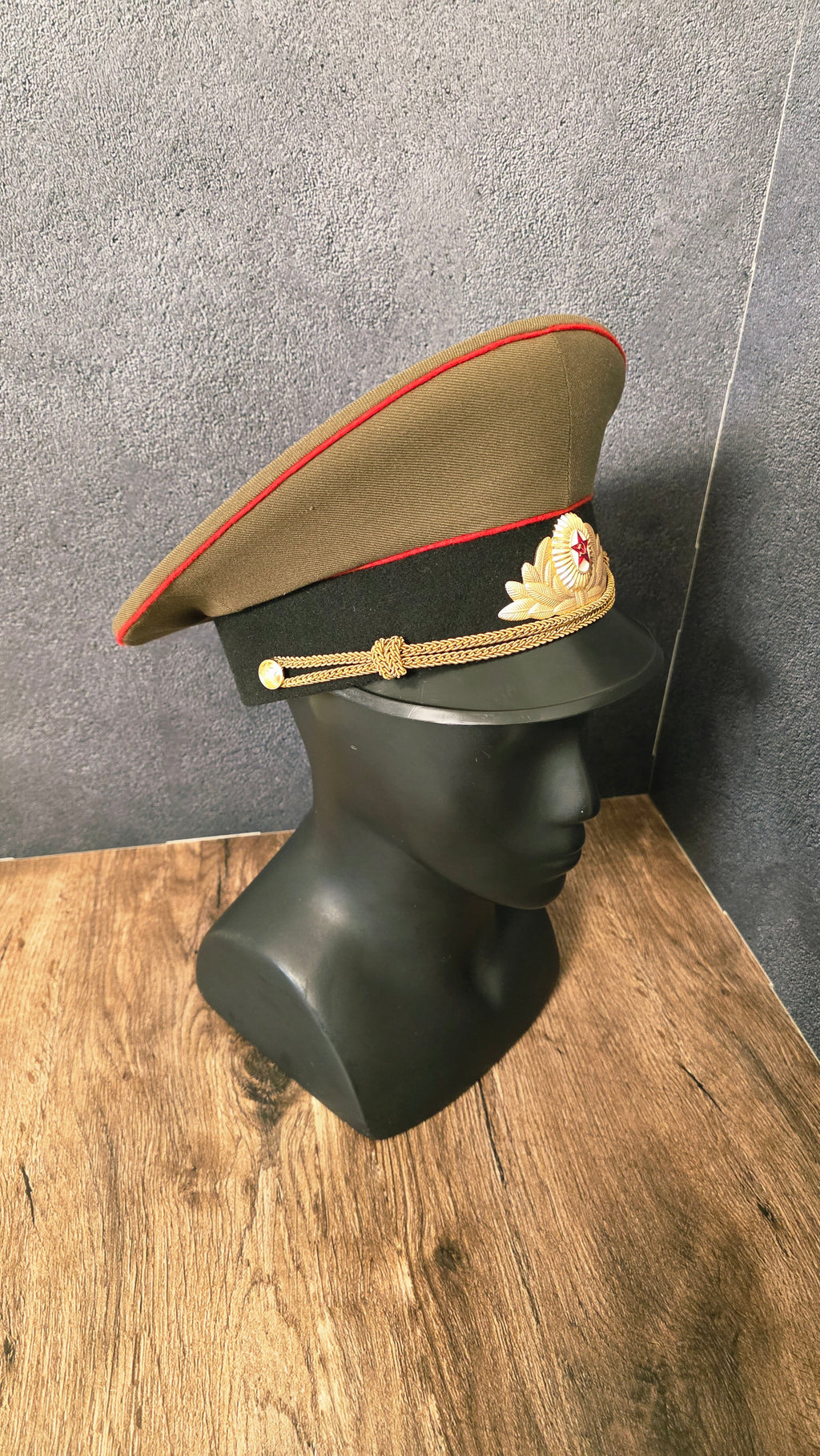 Soviet USSR Officer Visor Cap Olive Crown Black Band Red Piping Dress Cap