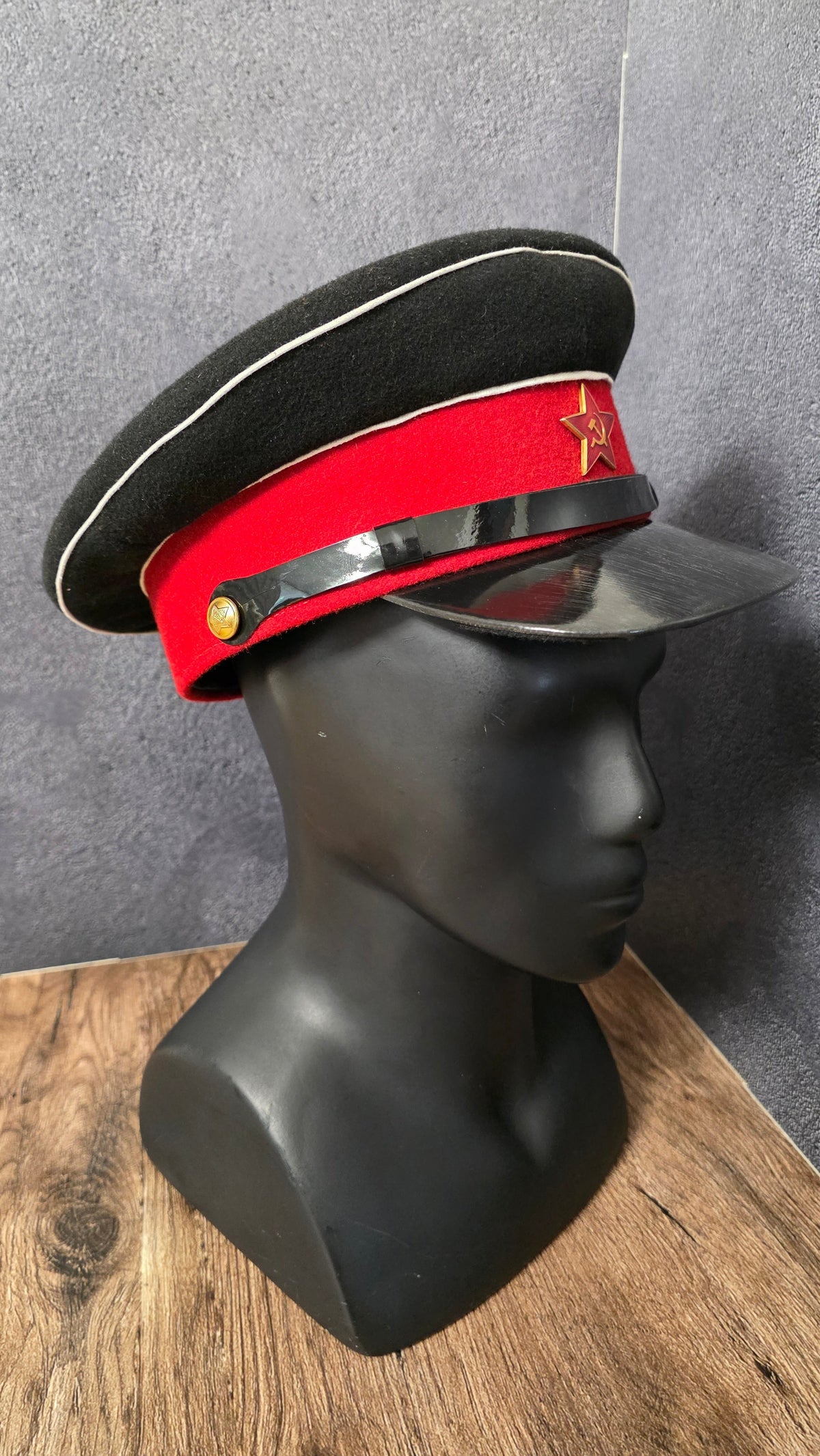 Vintage USSR 1943 Pattern Visor Cap Black Crown Red Band Soviet Officer Cap