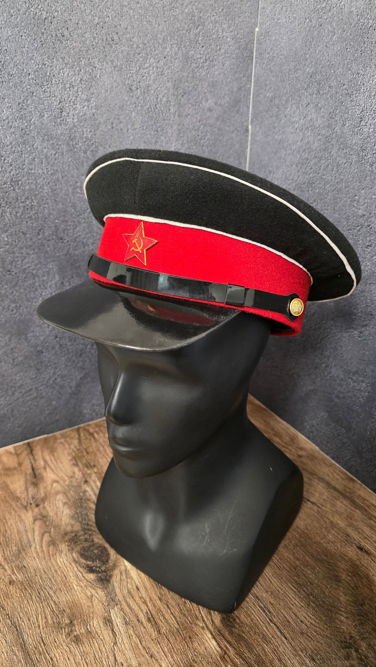 Vintage USSR 1943 Pattern Visor Cap Black Crown Red Band Soviet Officer Cap