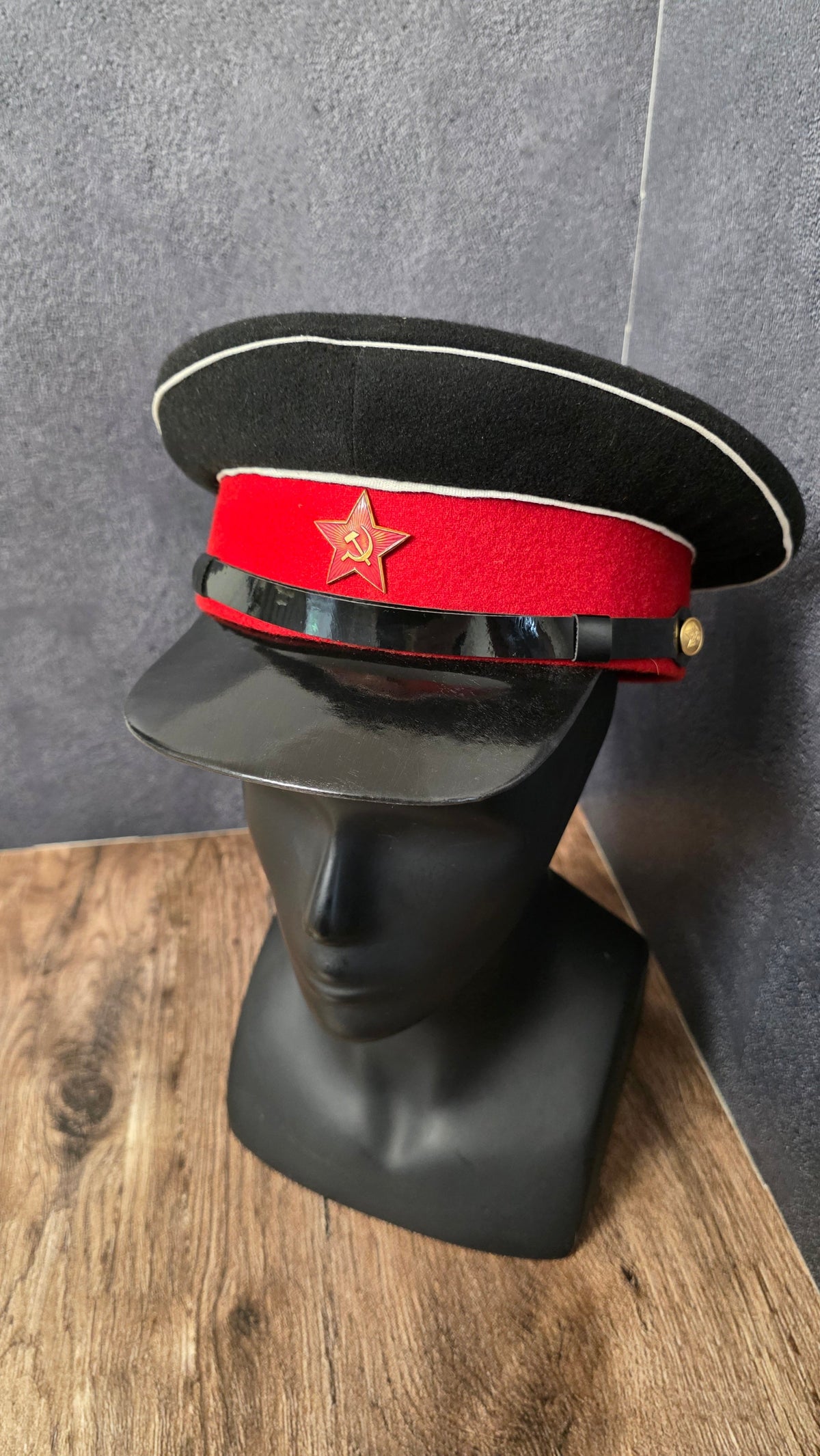 Vintage USSR 1943 Pattern Visor Cap Black Crown Red Band Soviet Officer Cap