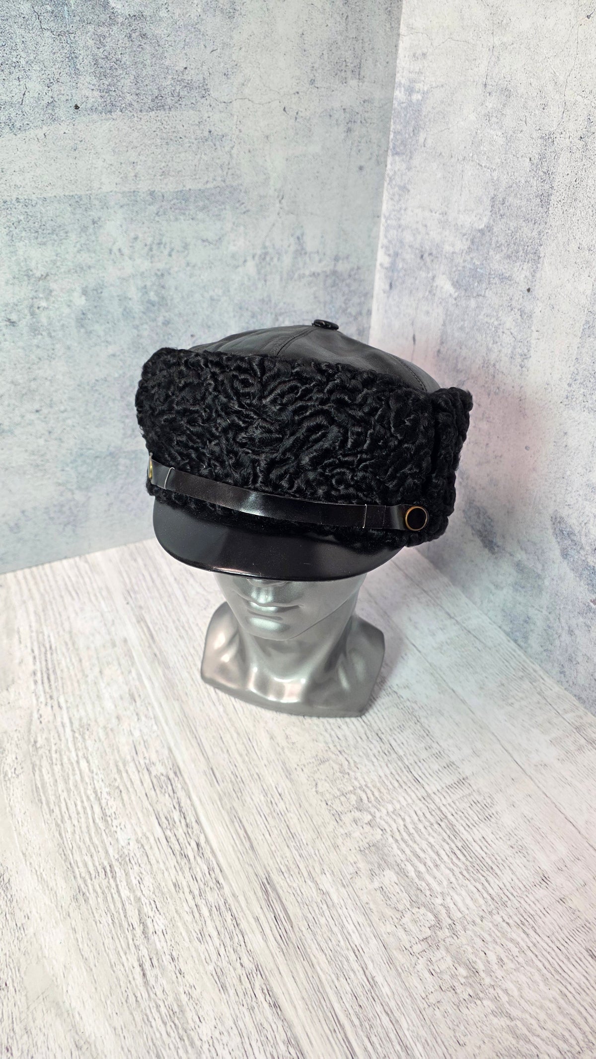 Soviet USSR Vintage Admiral Ushanka Black Leather Winter Naval Collector Headwear