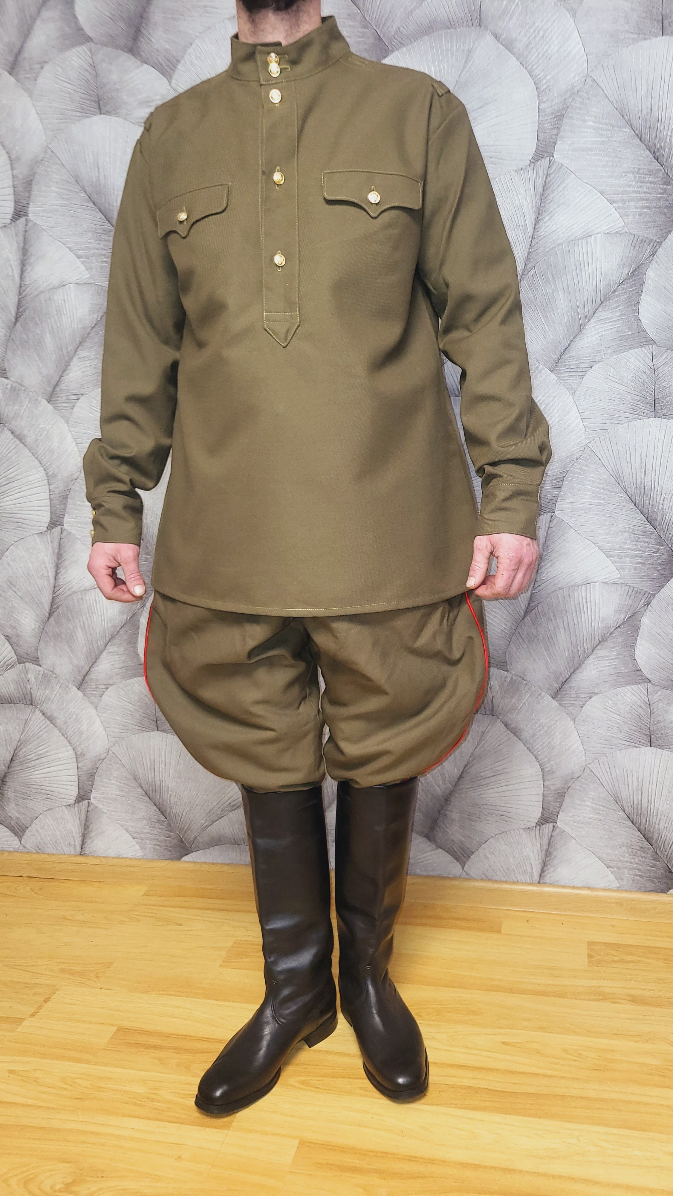 Vintage USSR RKKA Khaki Wool-Blend Tunic and Red Piping Breeches