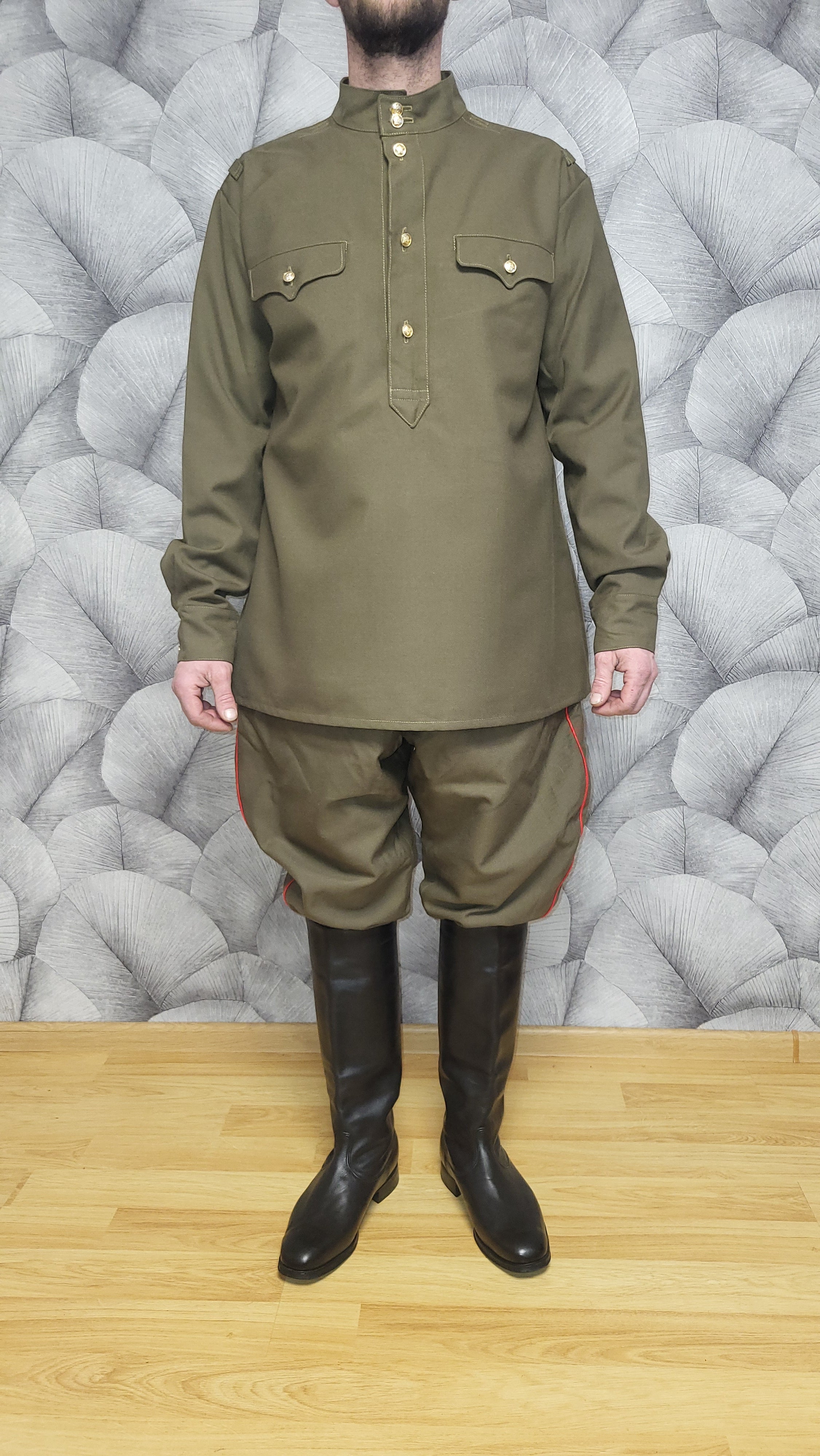 Vintage USSR RKKA Khaki Wool-Blend Tunic and Red Piping Breeches