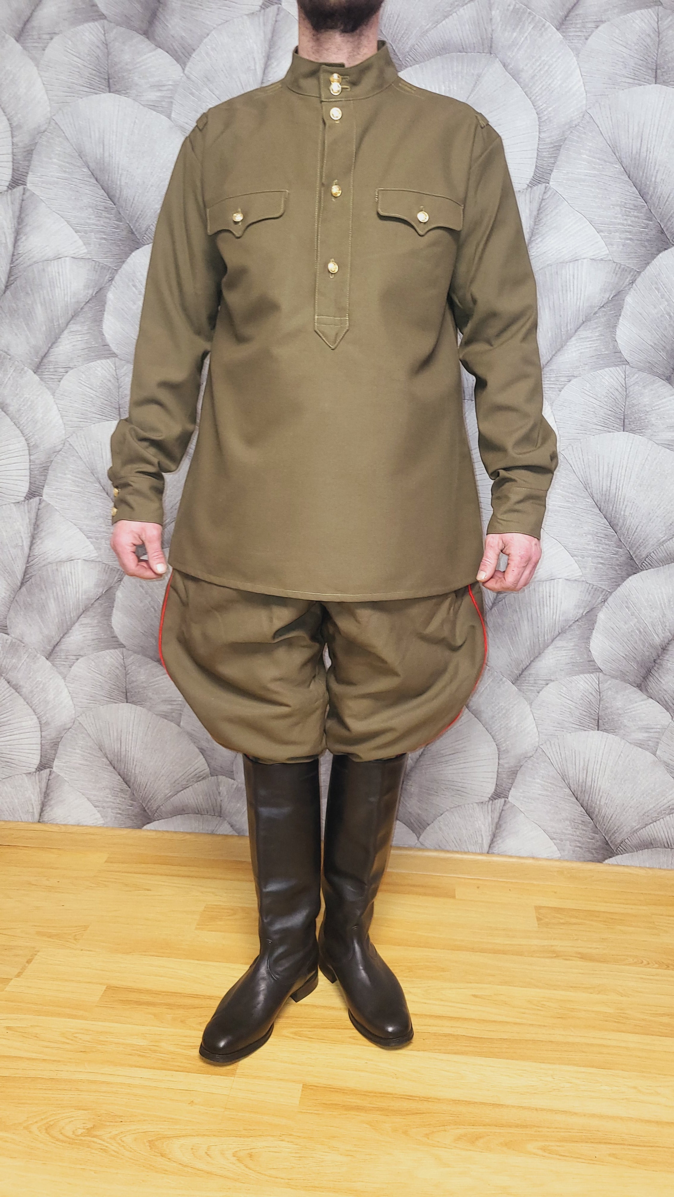Vintage USSR RKKA Khaki Wool-Blend Tunic and Red Piping Breeches