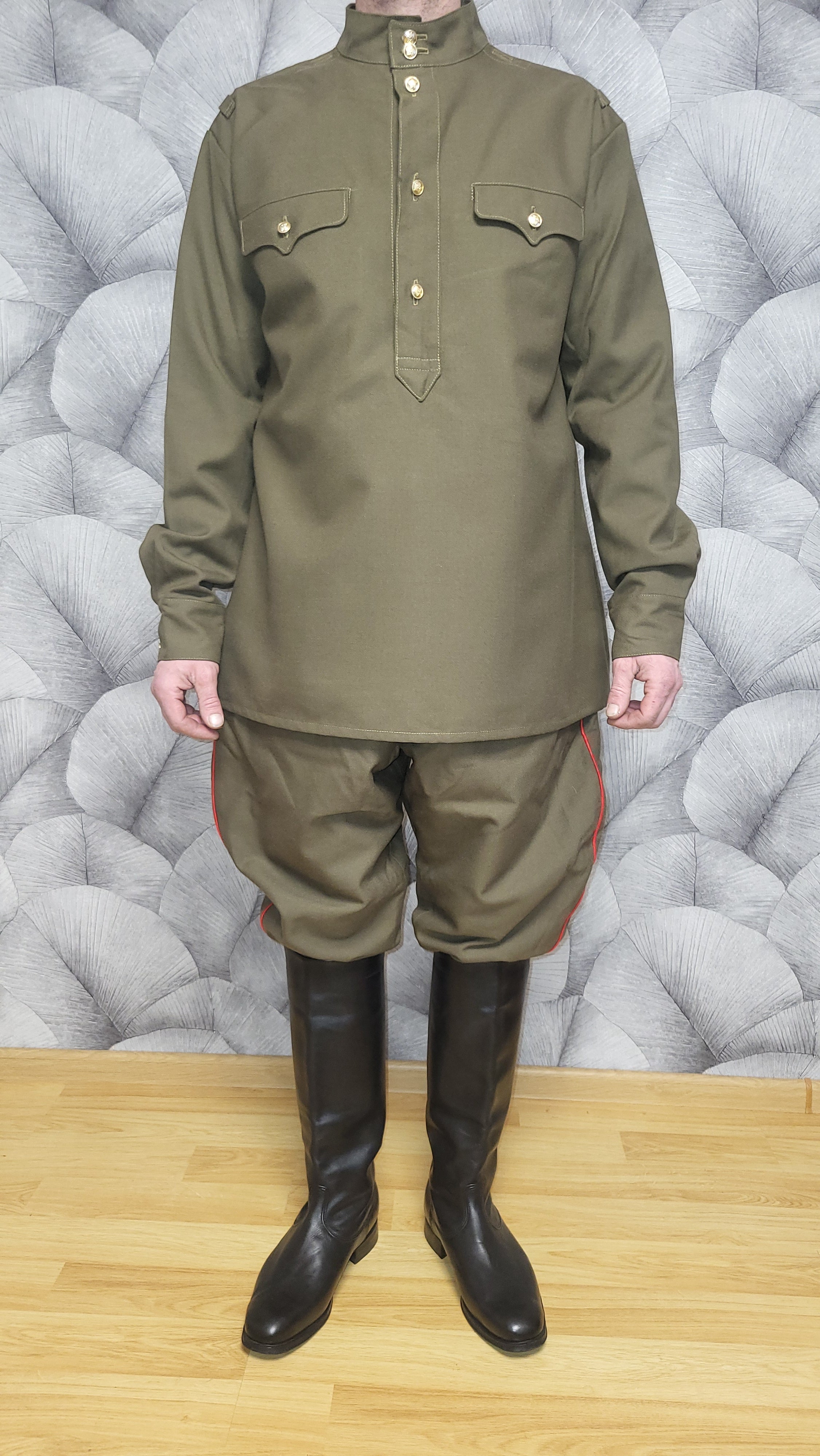 Vintage USSR RKKA Khaki Wool-Blend Tunic and Red Piping Breeches