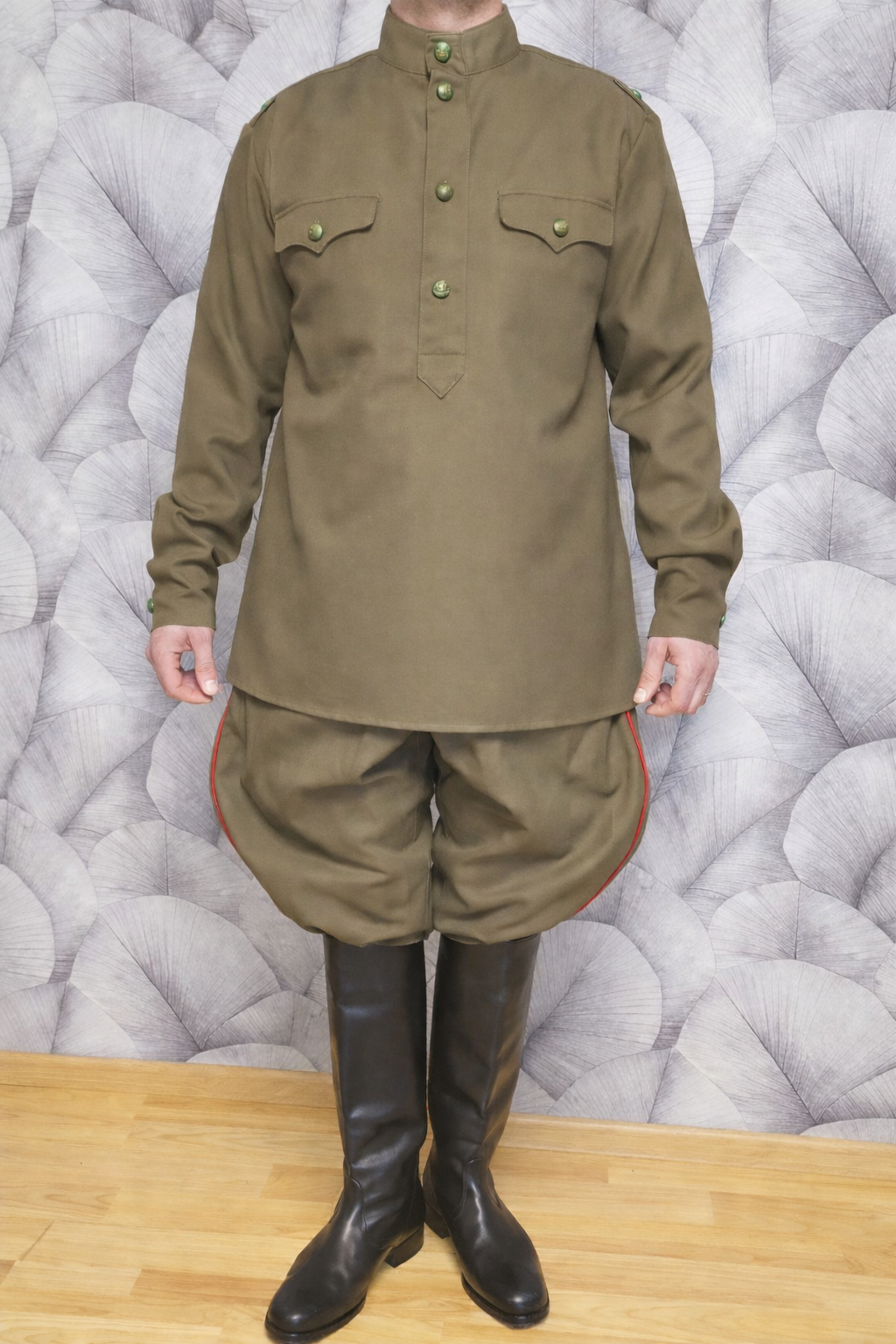 Vintage USSR RKKA Khaki Wool-Blend Tunic and Red Piping Breeches