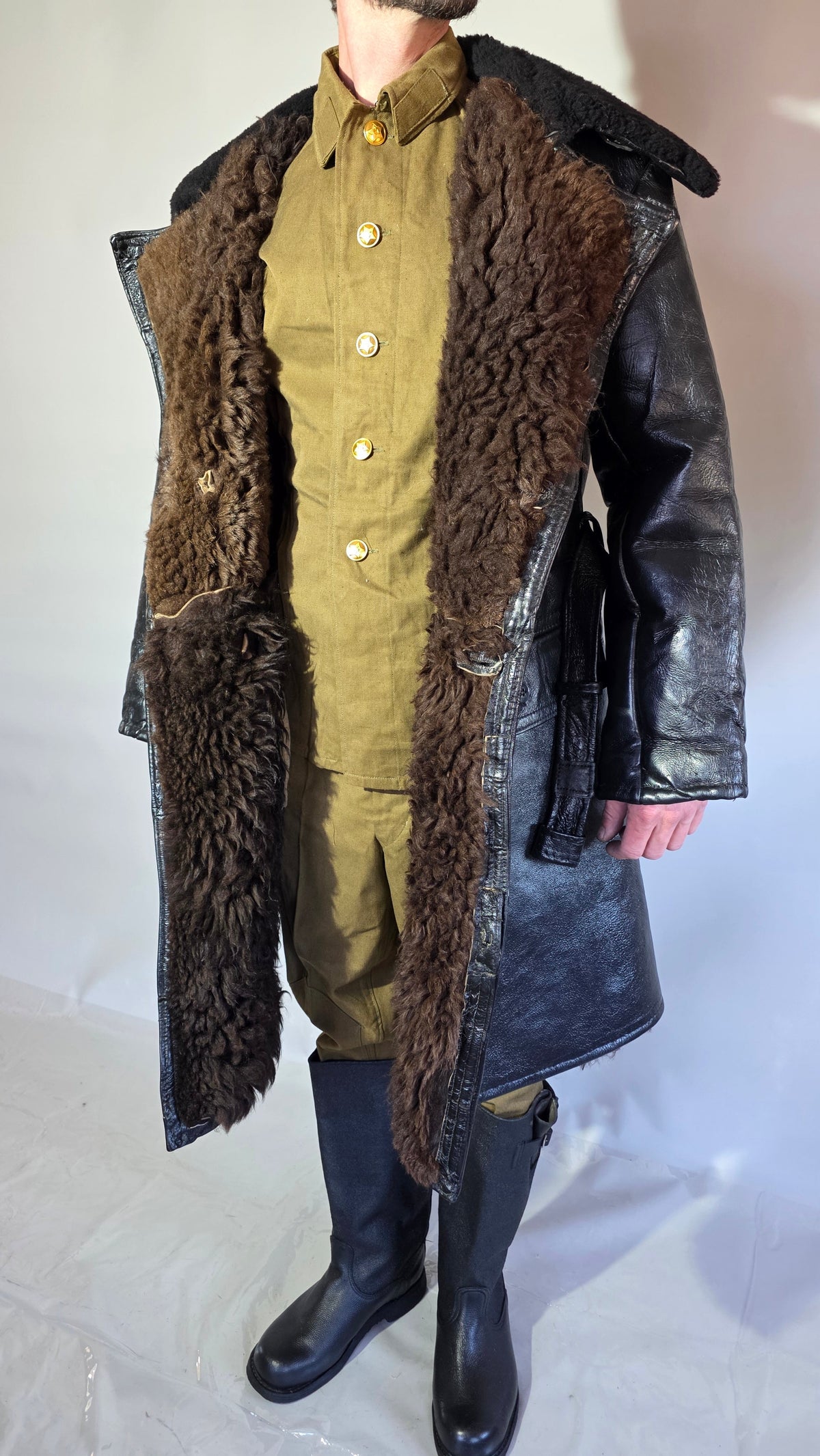 Soviet USSR VMF Admiral Leather Tulup Black Long Winter Coat Karakul Collar