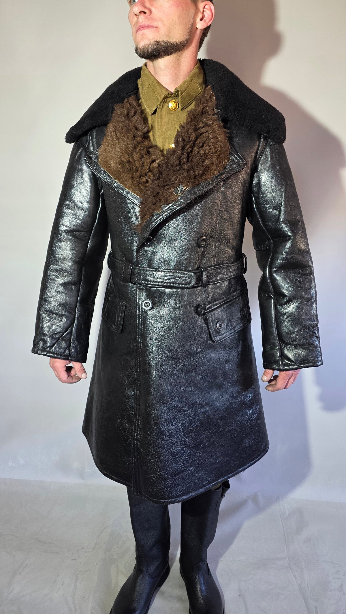 Soviet USSR VMF Admiral Leather Tulup Black Long Winter Coat Karakul Collar