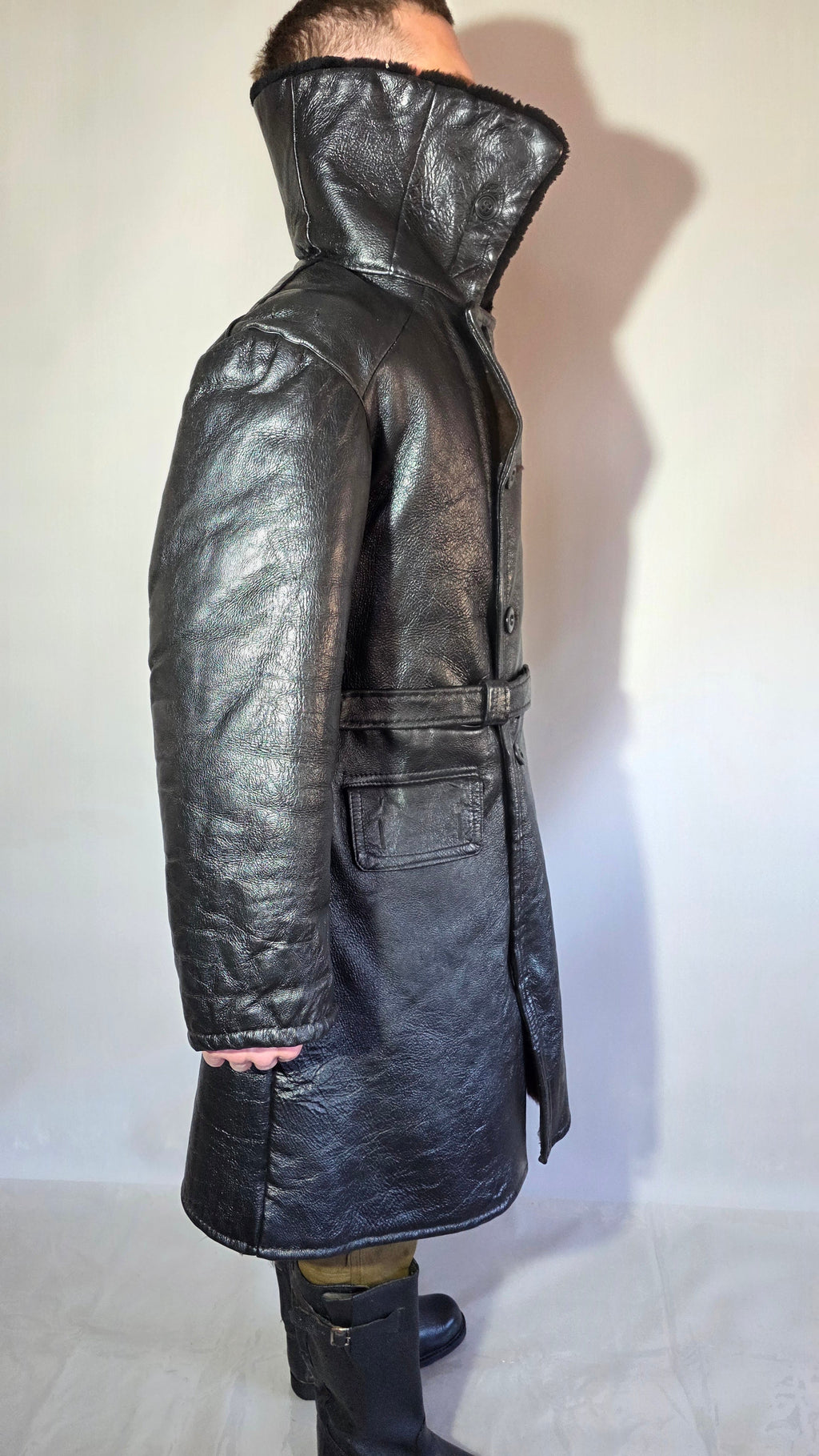 Soviet USSR VMF Admiral Leather Tulup Black Long Winter Coat Karakul Collar