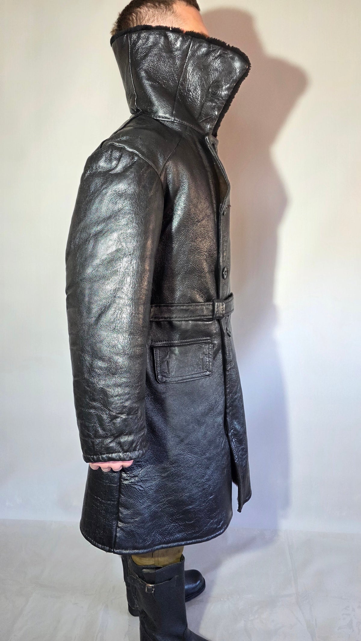 Soviet USSR VMF Admiral Leather Tulup Black Long Winter Coat Karakul Collar