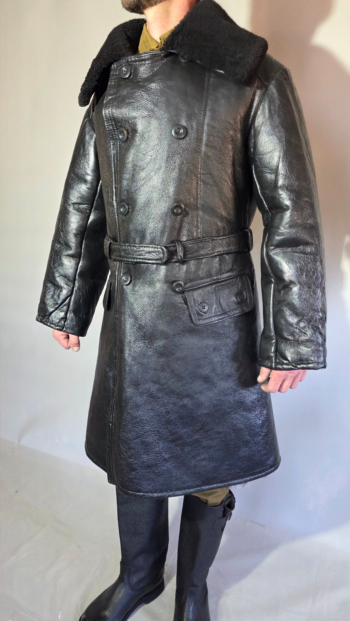 Soviet USSR VMF Admiral Leather Tulup Black Long Winter Coat Karakul Collar