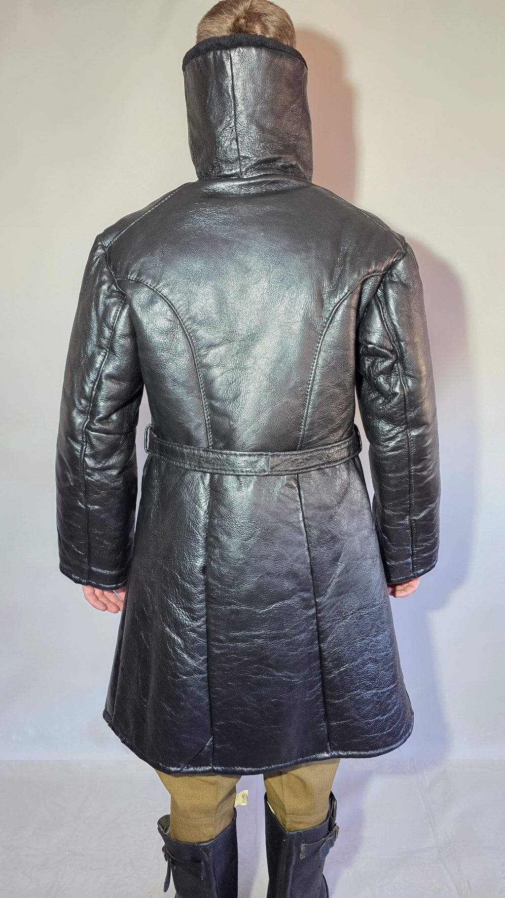 Soviet USSR VMF Admiral Leather Tulup Black Long Winter Coat Karakul Collar