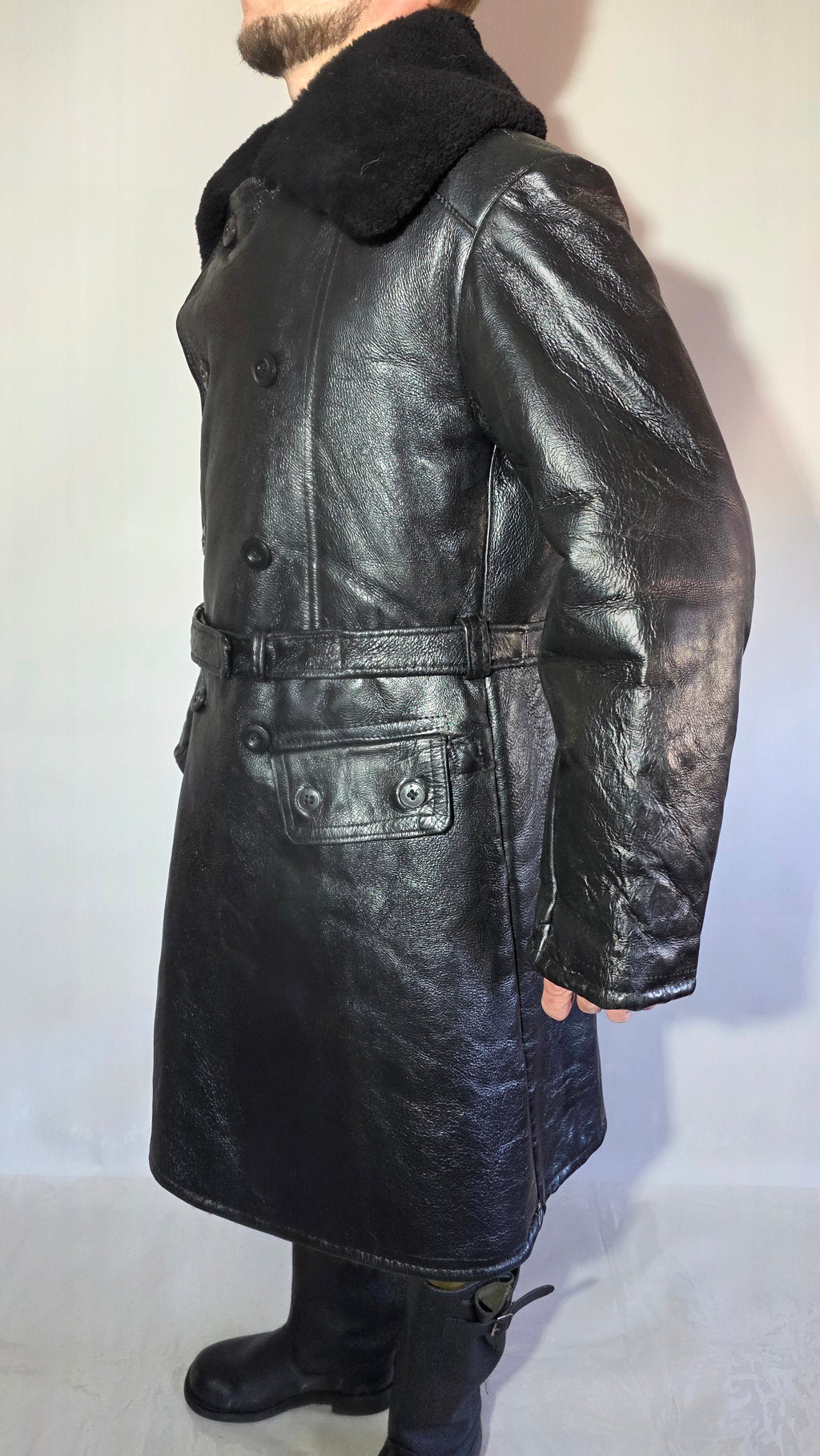 Soviet USSR VMF Admiral Leather Tulup Black Long Winter Coat Karakul Collar