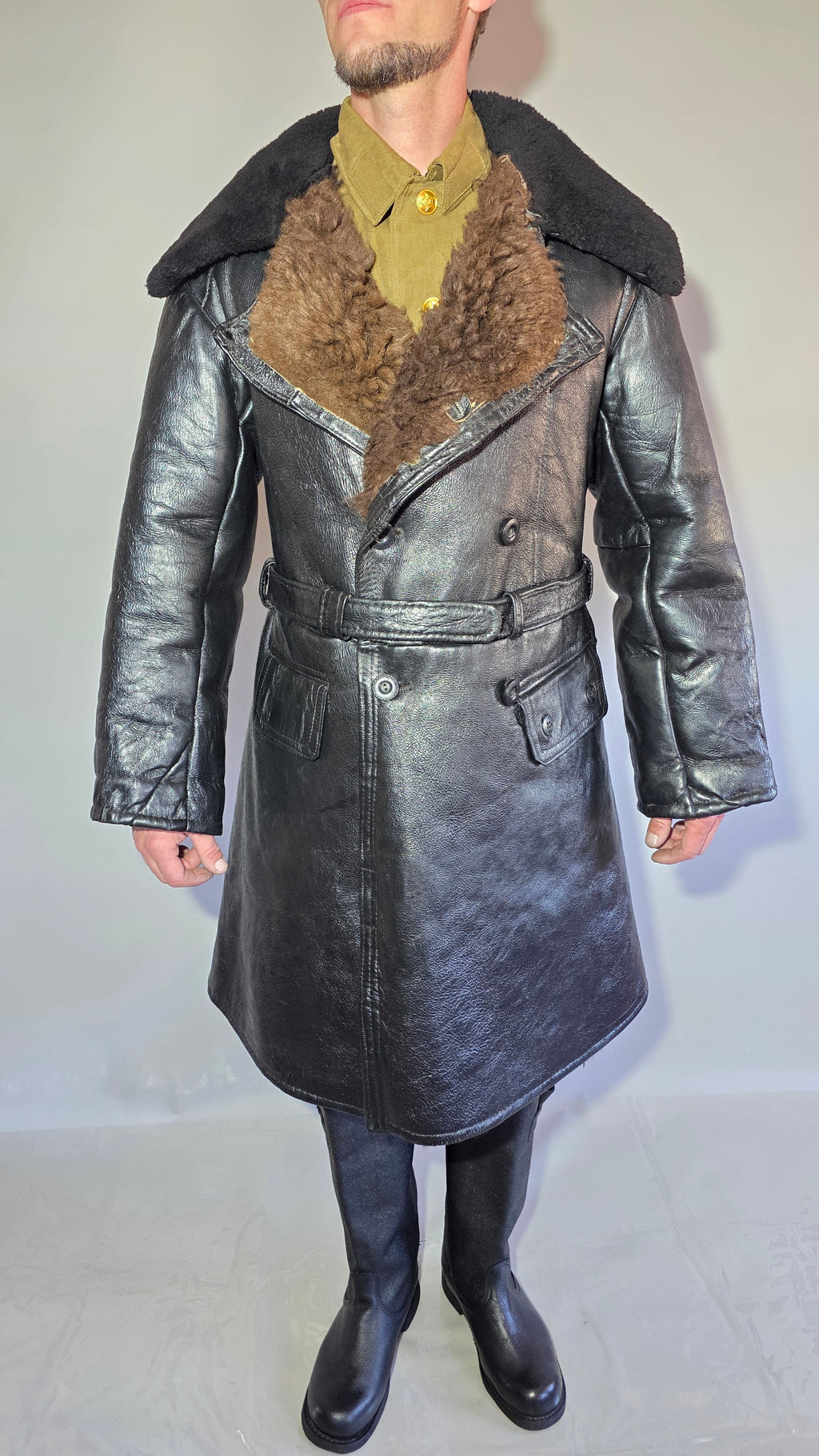 Soviet USSR VMF Admiral Leather Tulup Black Long Winter Coat Karakul Collar