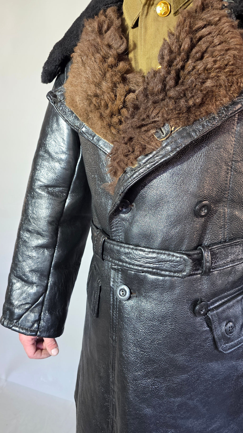 Soviet USSR VMF Admiral Leather Tulup Black Long Winter Coat Karakul Collar