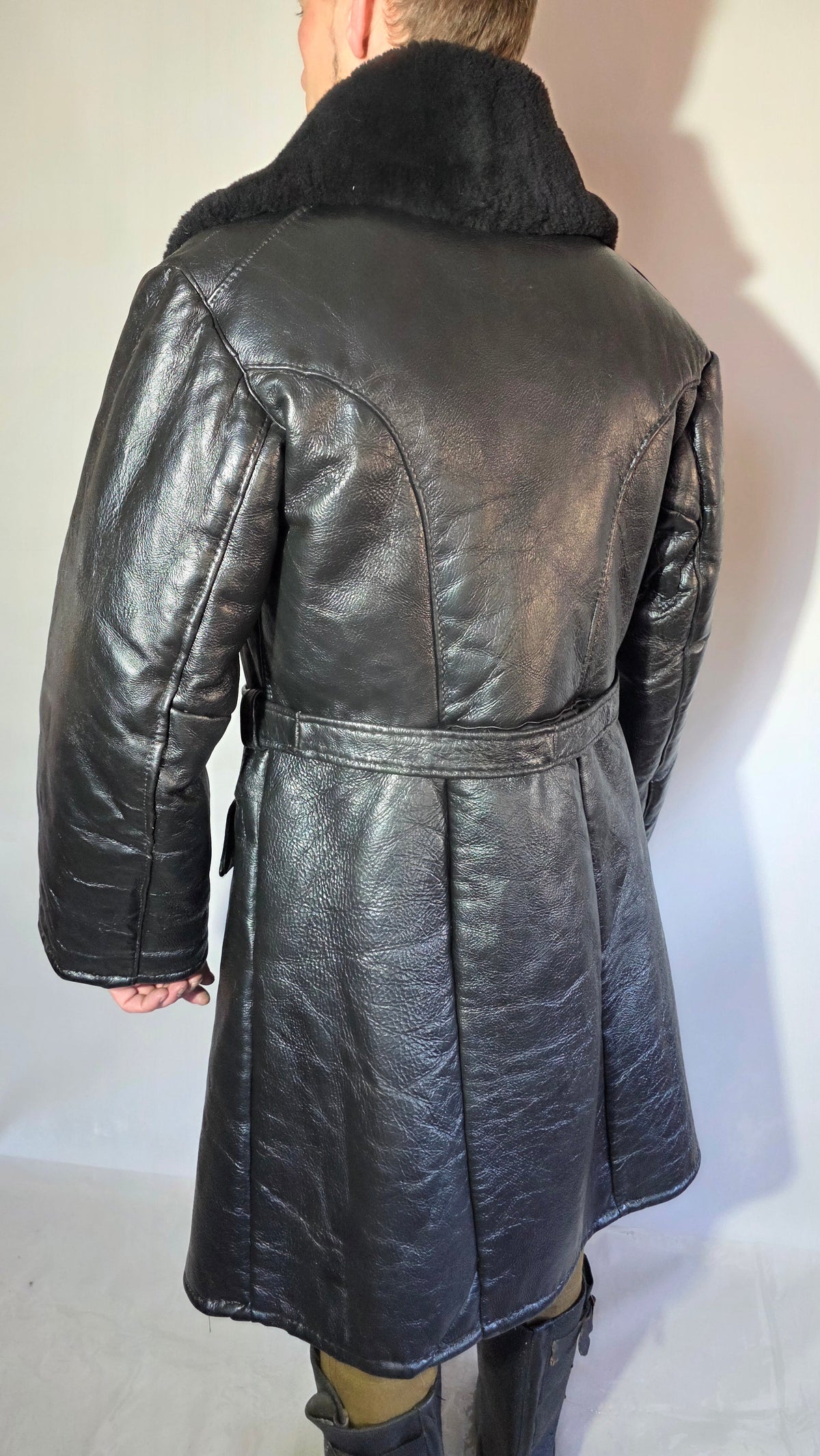 Soviet USSR VMF Admiral Leather Tulup Black Long Winter Coat Karakul Collar