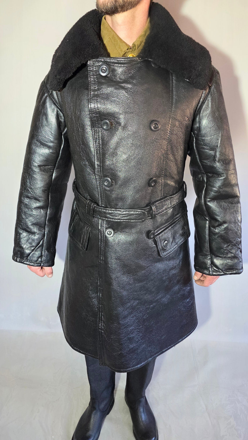 Soviet USSR VMF Admiral Leather Tulup Black Long Winter Coat Karakul Collar