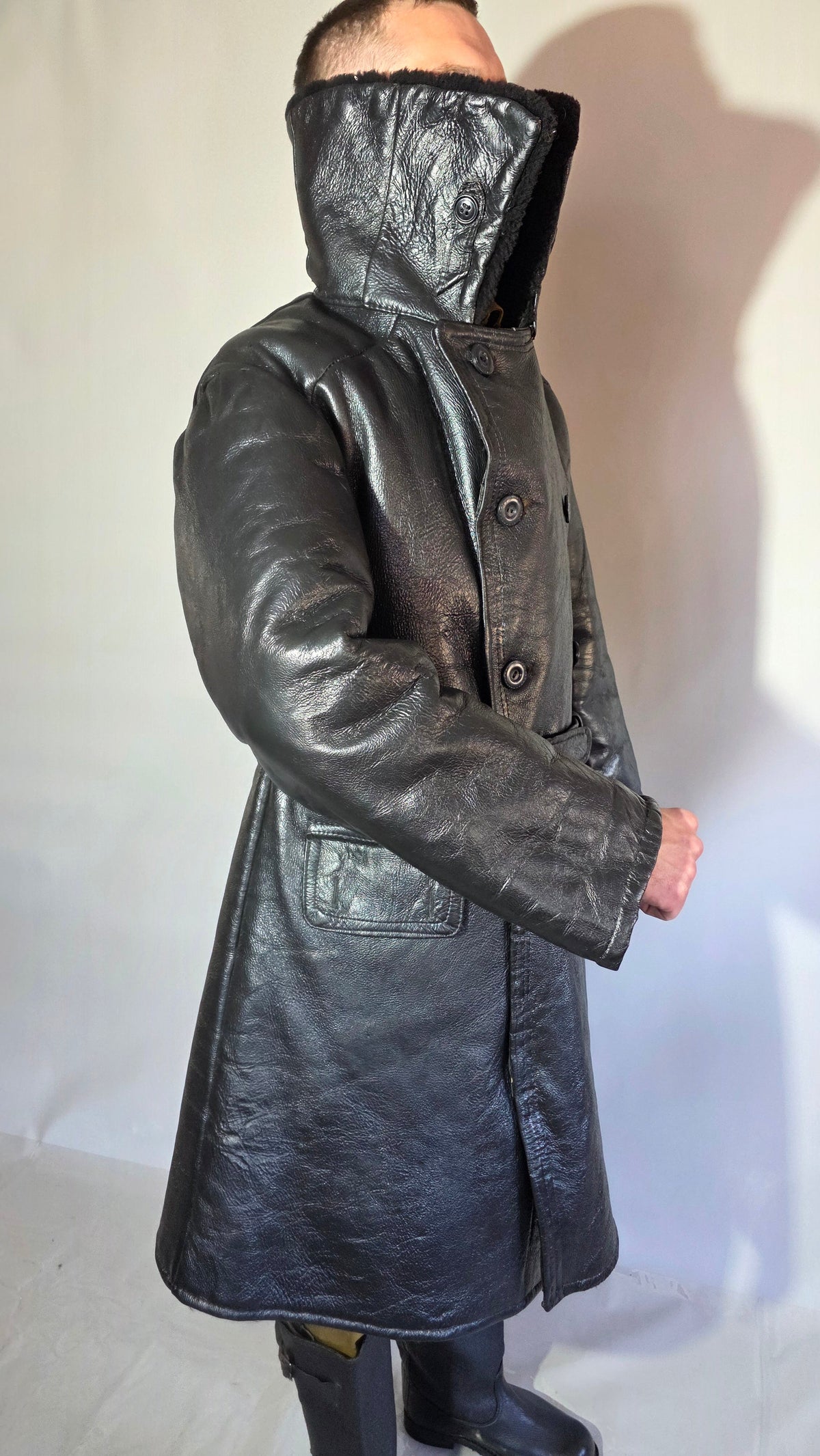 Soviet USSR VMF Admiral Leather Tulup Black Long Winter Coat Karakul Collar