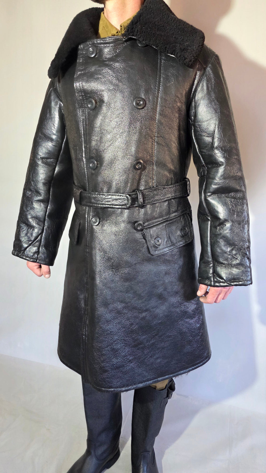 Soviet USSR VMF Admiral Leather Tulup Black Long Winter Coat Karakul Collar