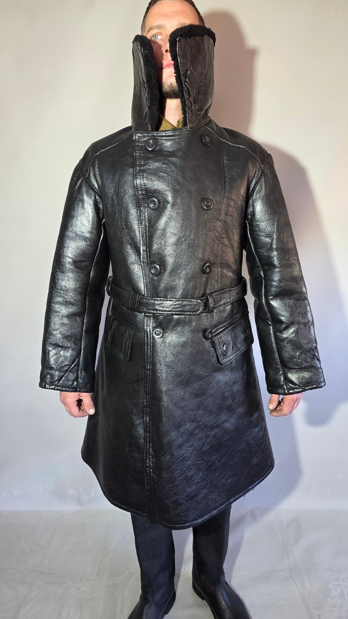 Soviet USSR VMF Admiral Leather Tulup Black Long Winter Coat Karakul Collar